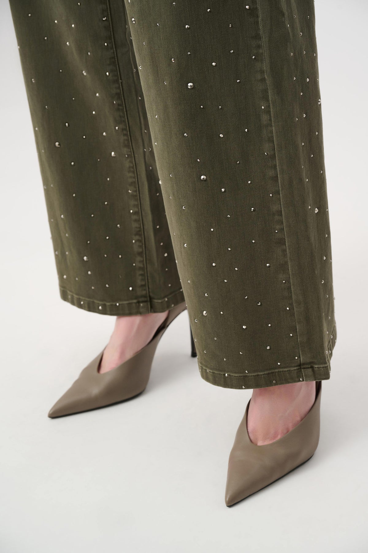 Featherweave Denim Wide Leg Jeans With Rhinestones