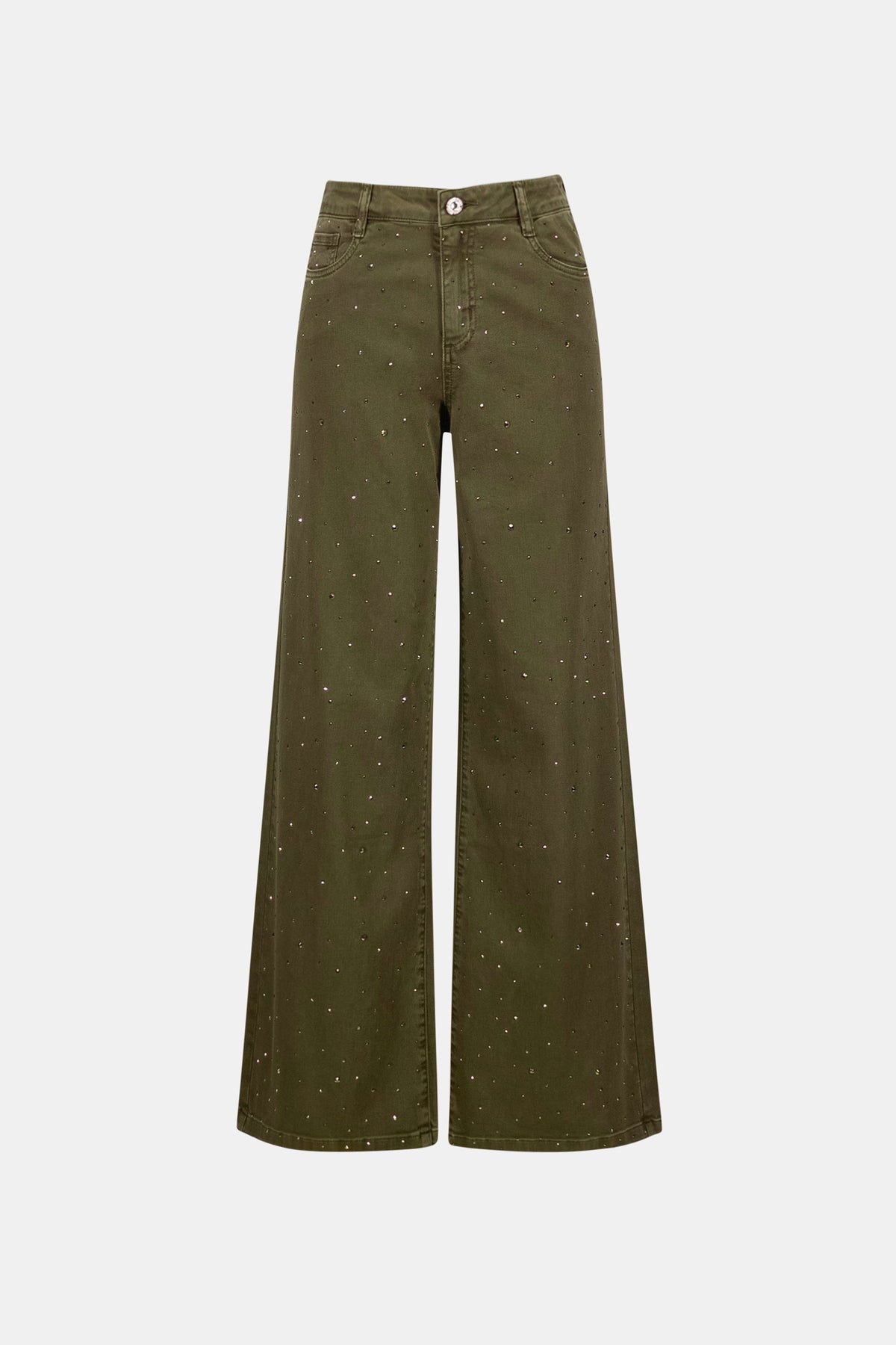 Featherweave Denim Wide Leg Jeans With Rhinestones