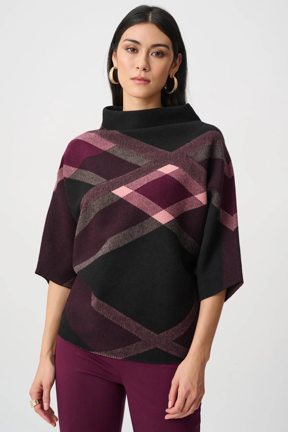 Brushed Viscose & Nylon Plaid Funnel-Neck Sweater