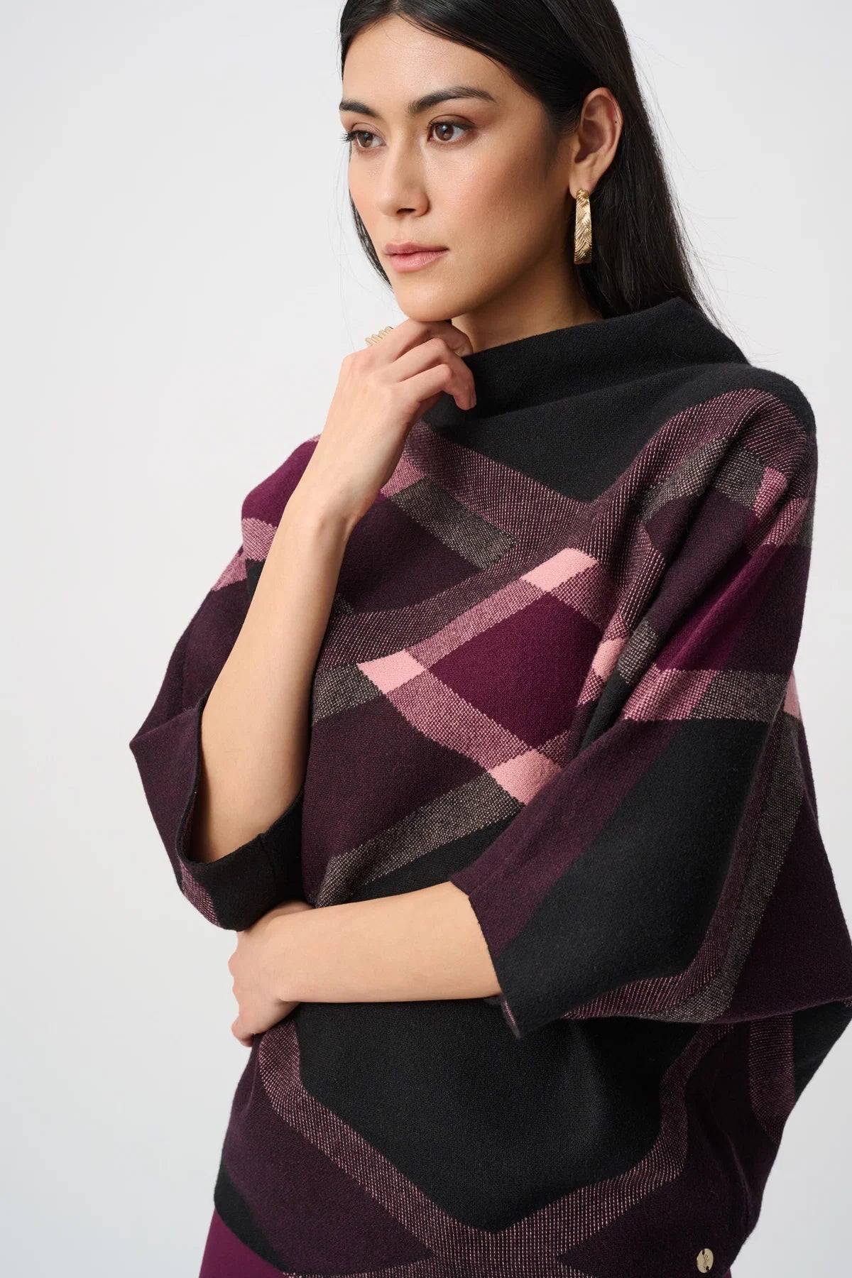 Brushed Viscose & Nylon Plaid Funnel-Neck Sweater