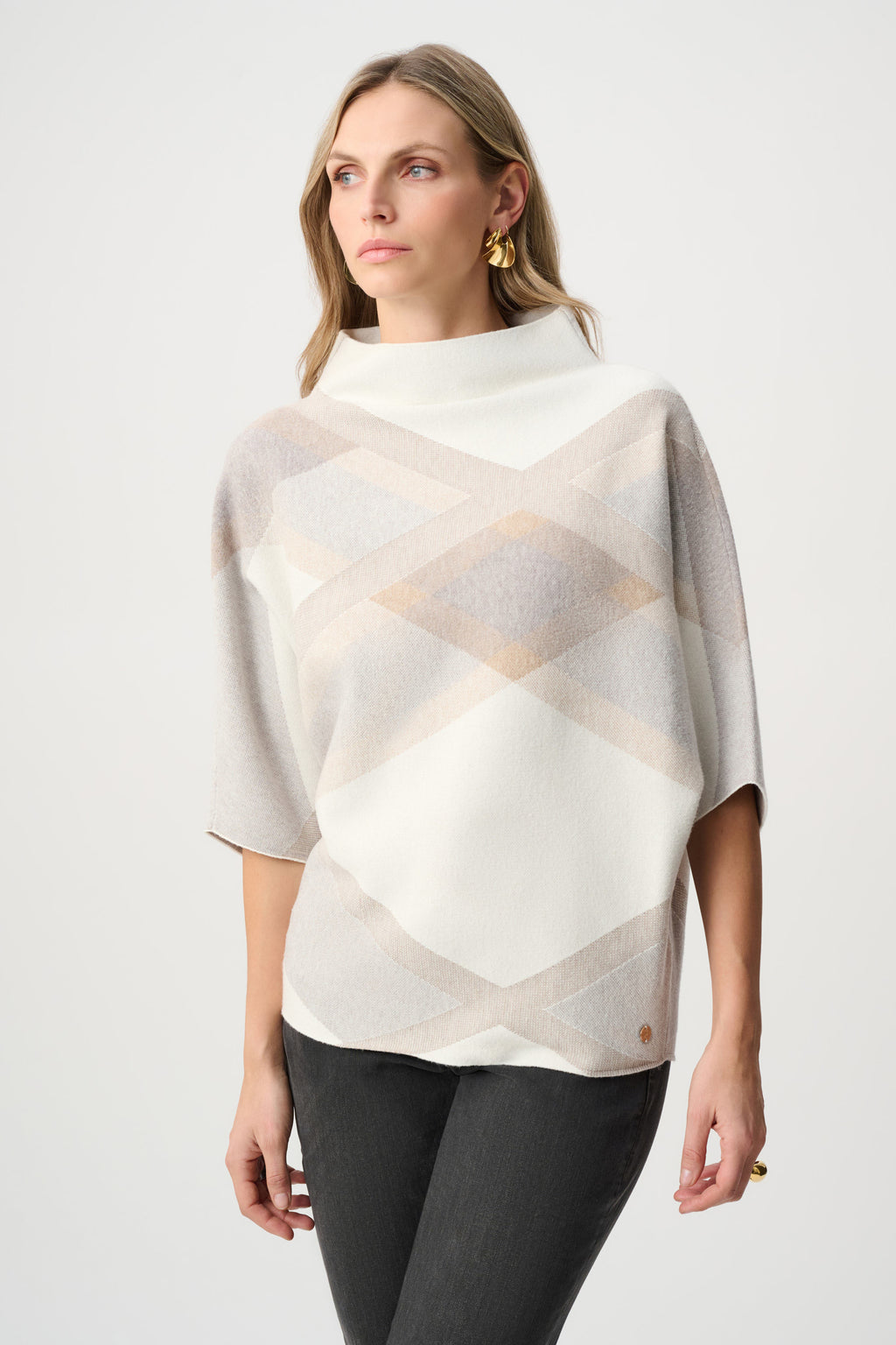 Brushed Viscose & Nylon Plaid Funnel-Neck Sweater