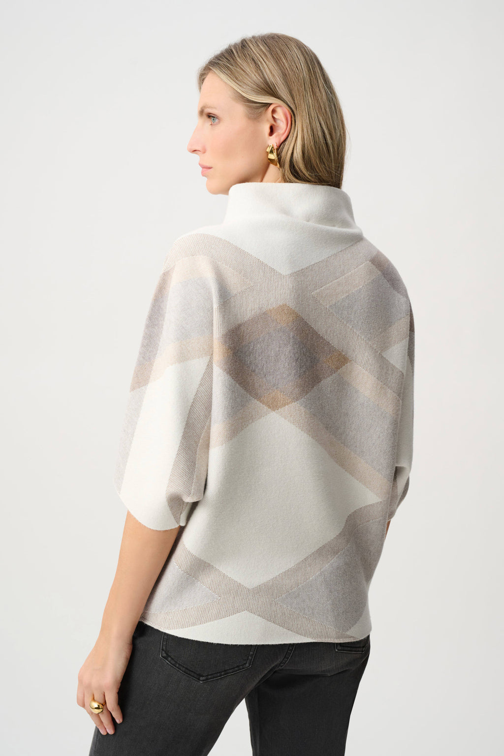 Brushed Viscose & Nylon Plaid Funnel-Neck Sweater