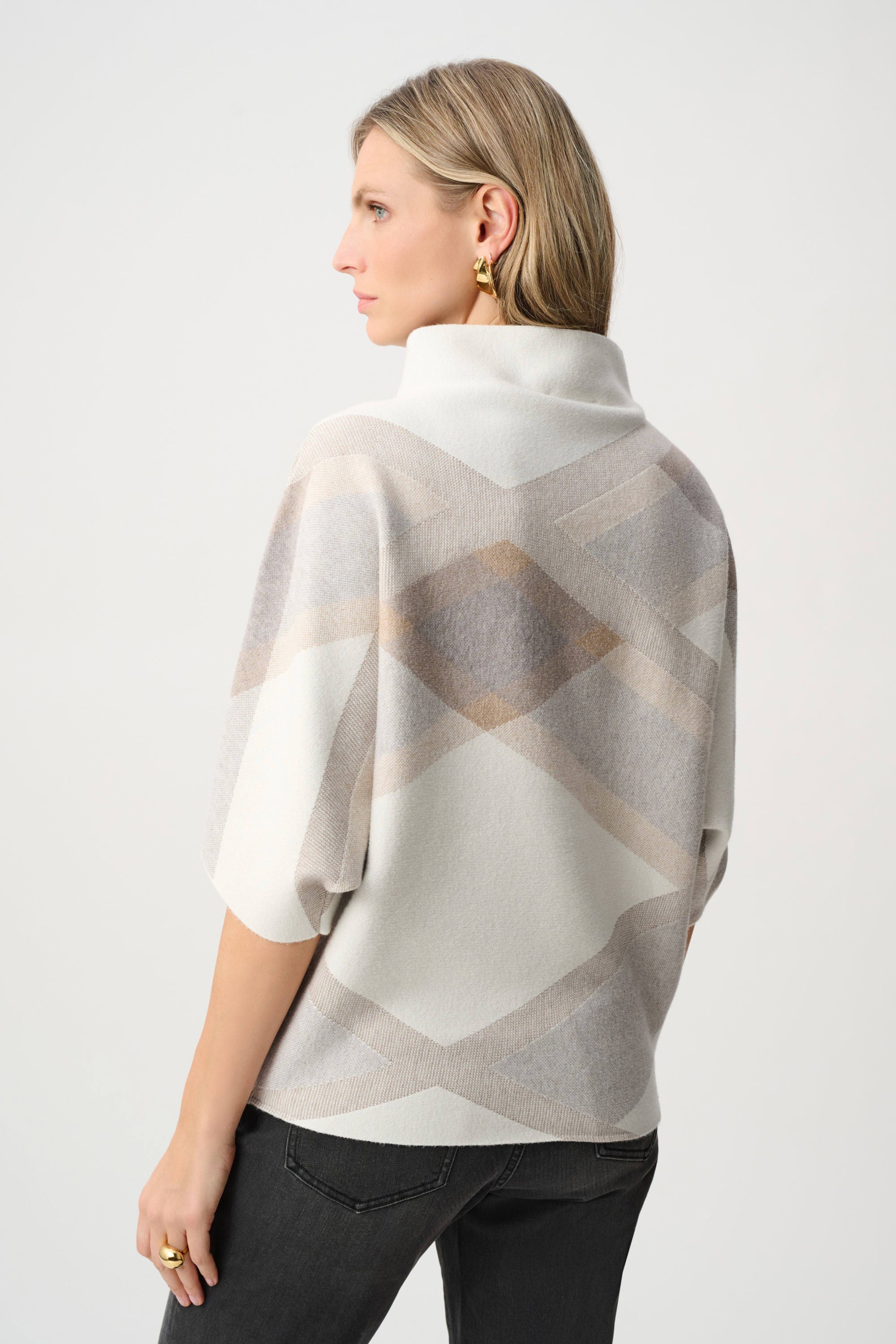Brushed Viscose & Nylon Plaid Funnel-Neck Sweater