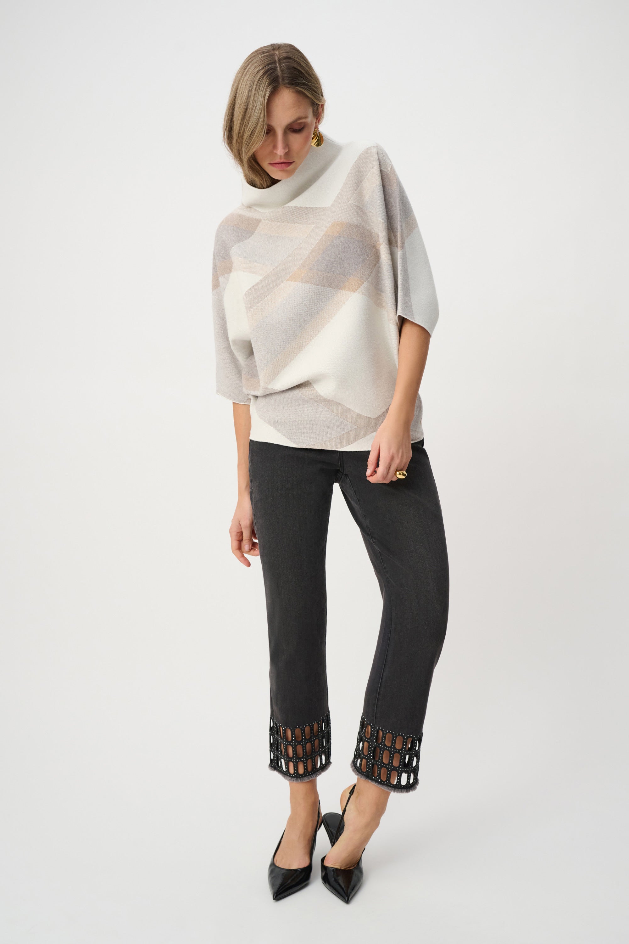 Brushed Viscose & Nylon Plaid Funnel-Neck Sweater