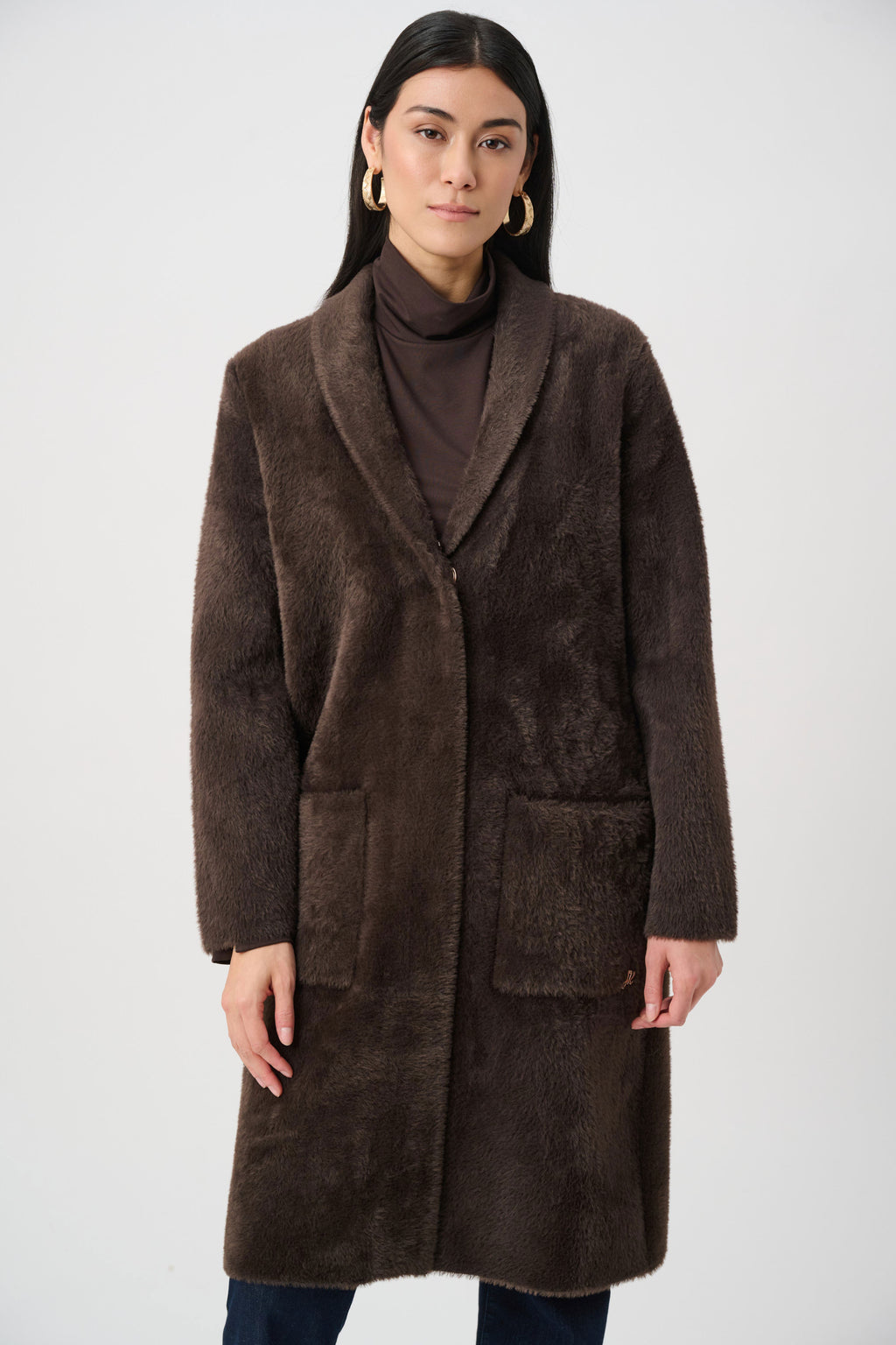 Feather Yarn Knit Coat With Detachable Faux Fur Collar