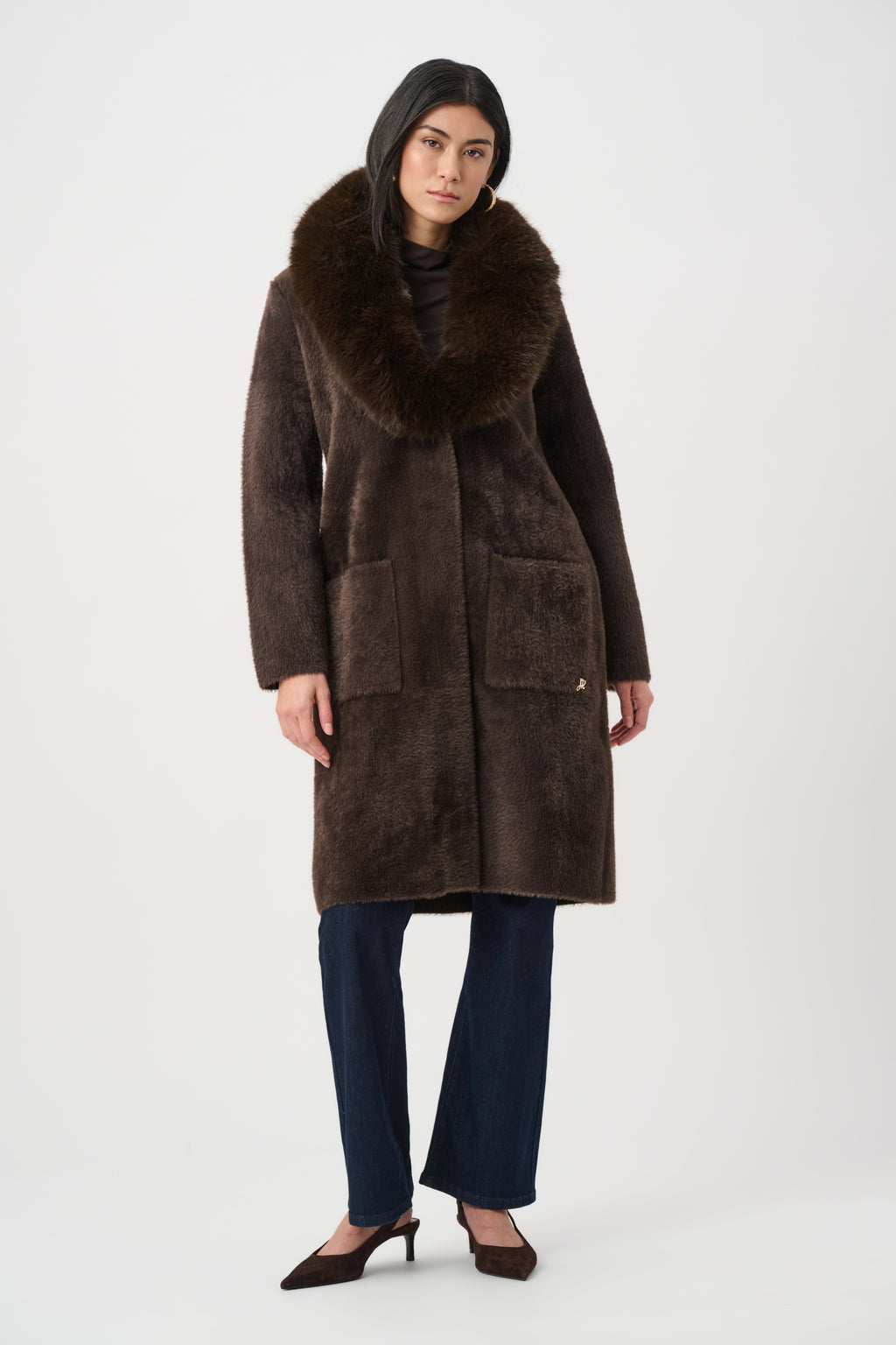 Feather Yarn Knit Coat With Detachable Faux Fur Collar