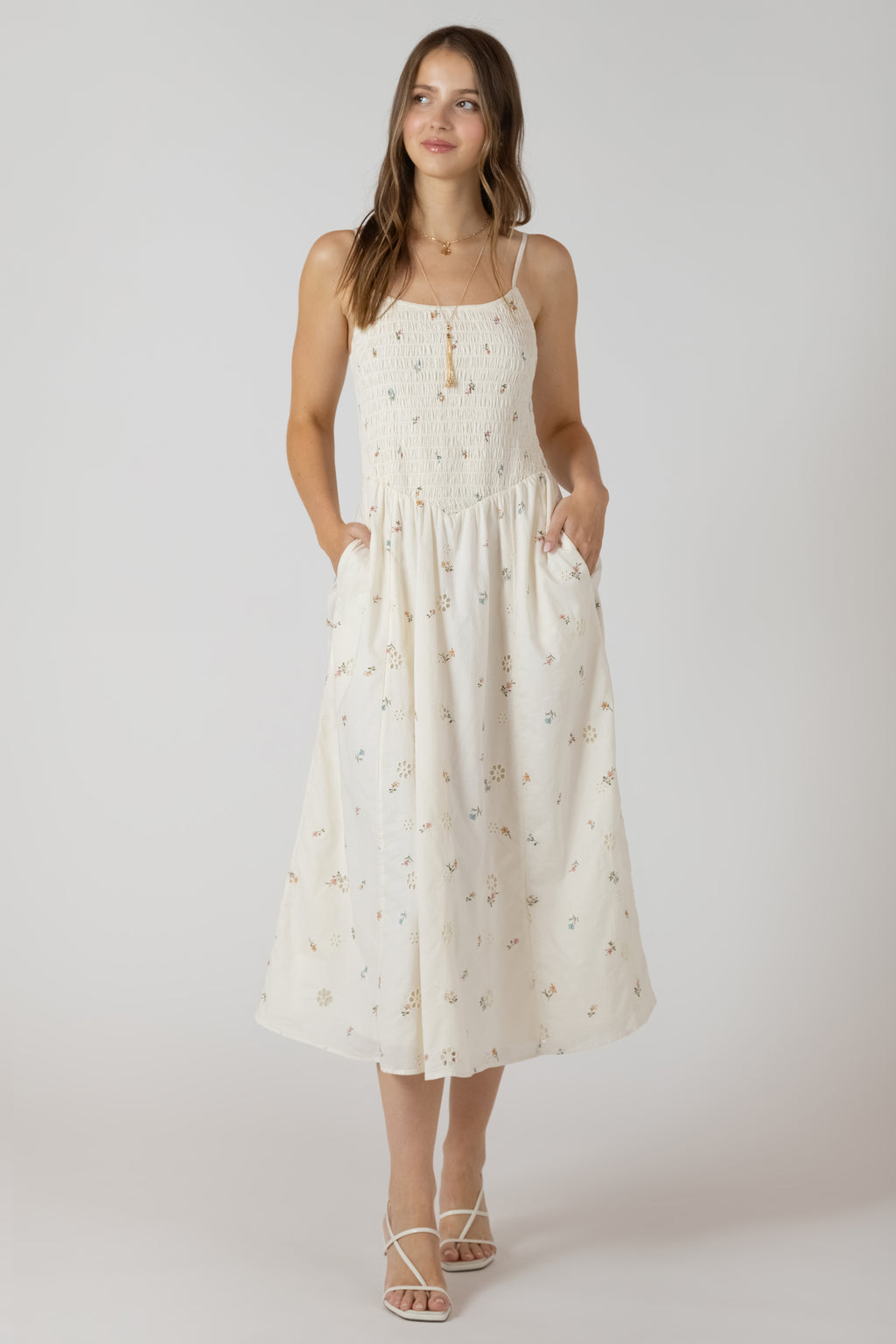 Smocked Detail Floral Midi Dress