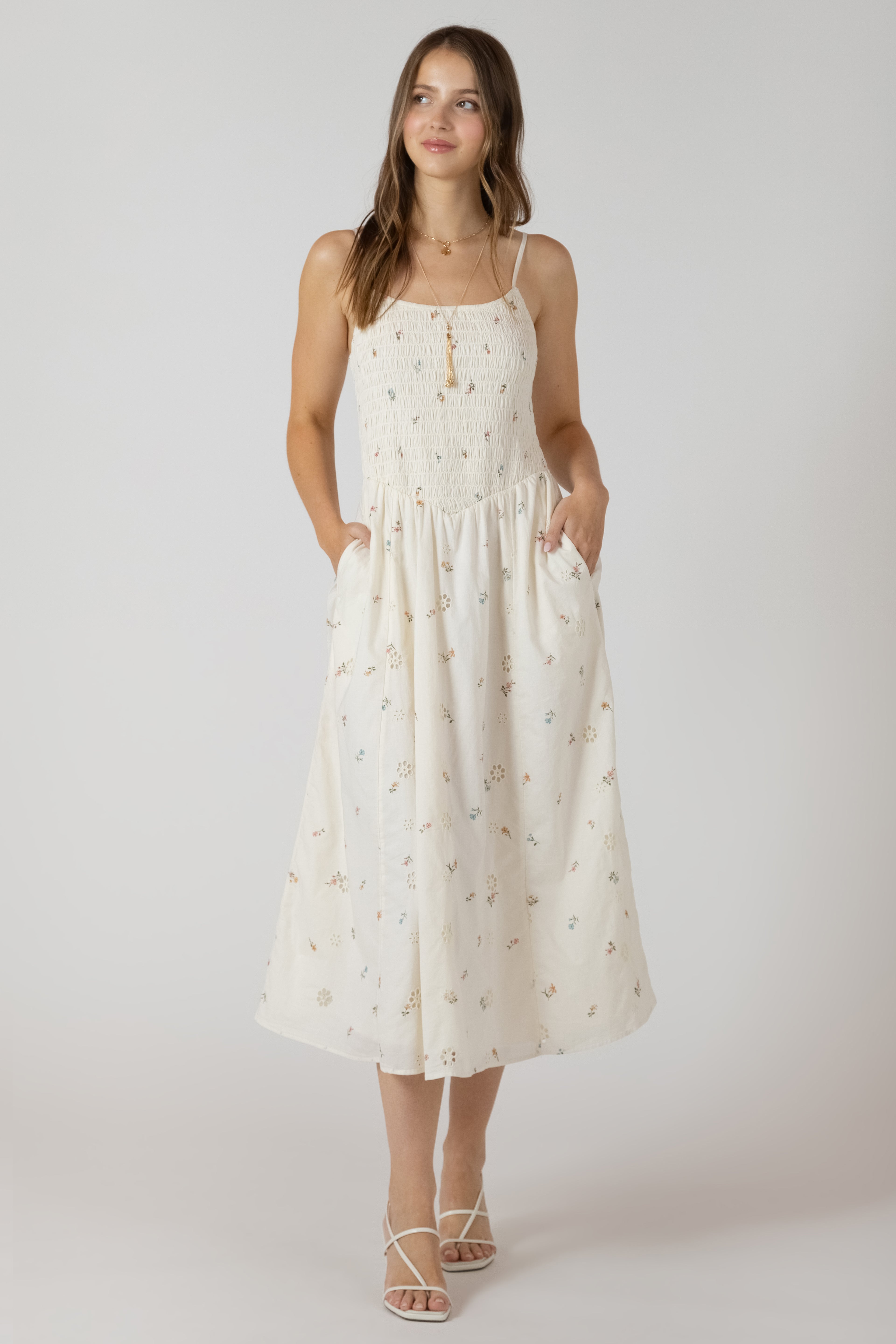 Smocked Detail Floral Midi Dress