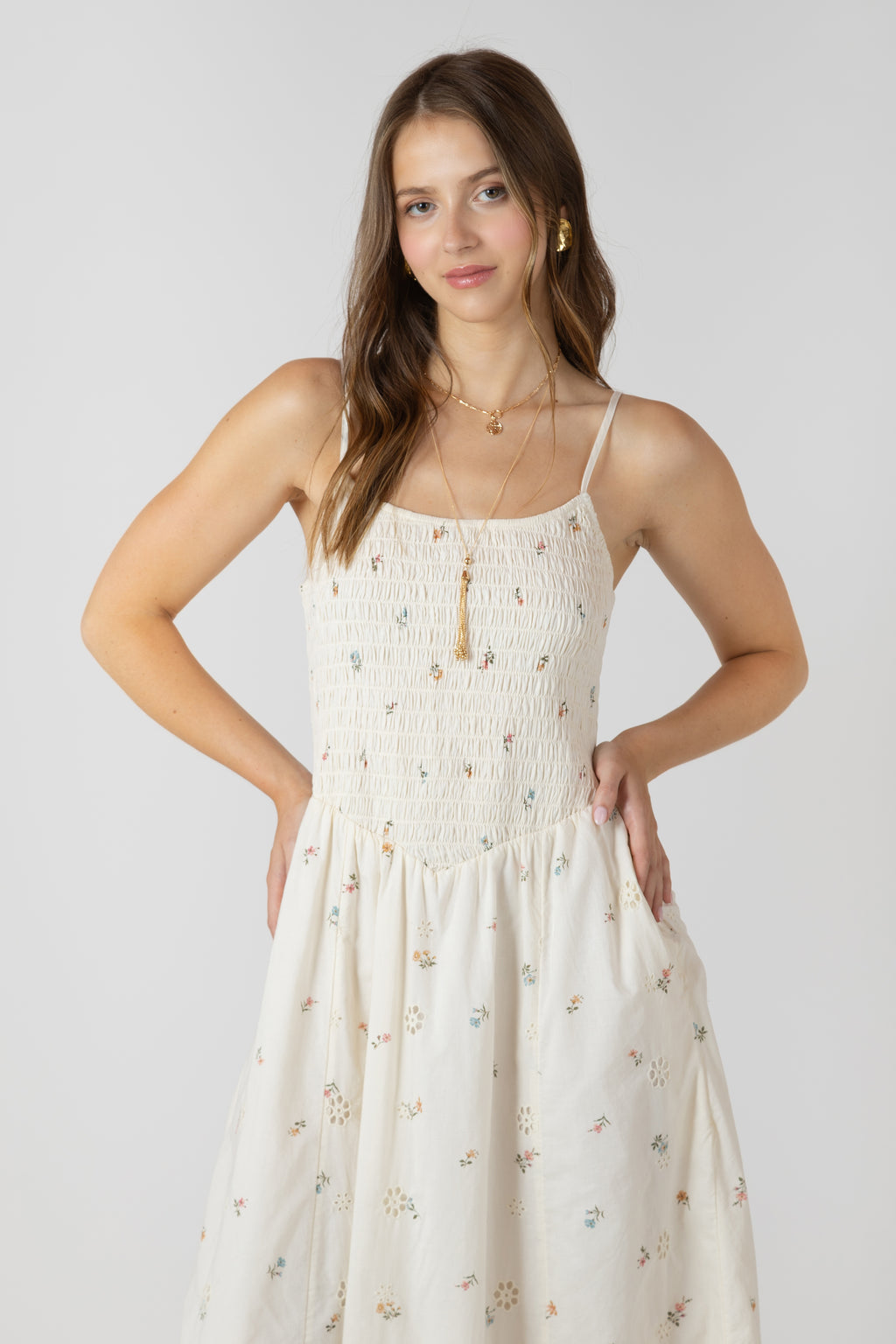 Smocked Detail Floral Midi Dress