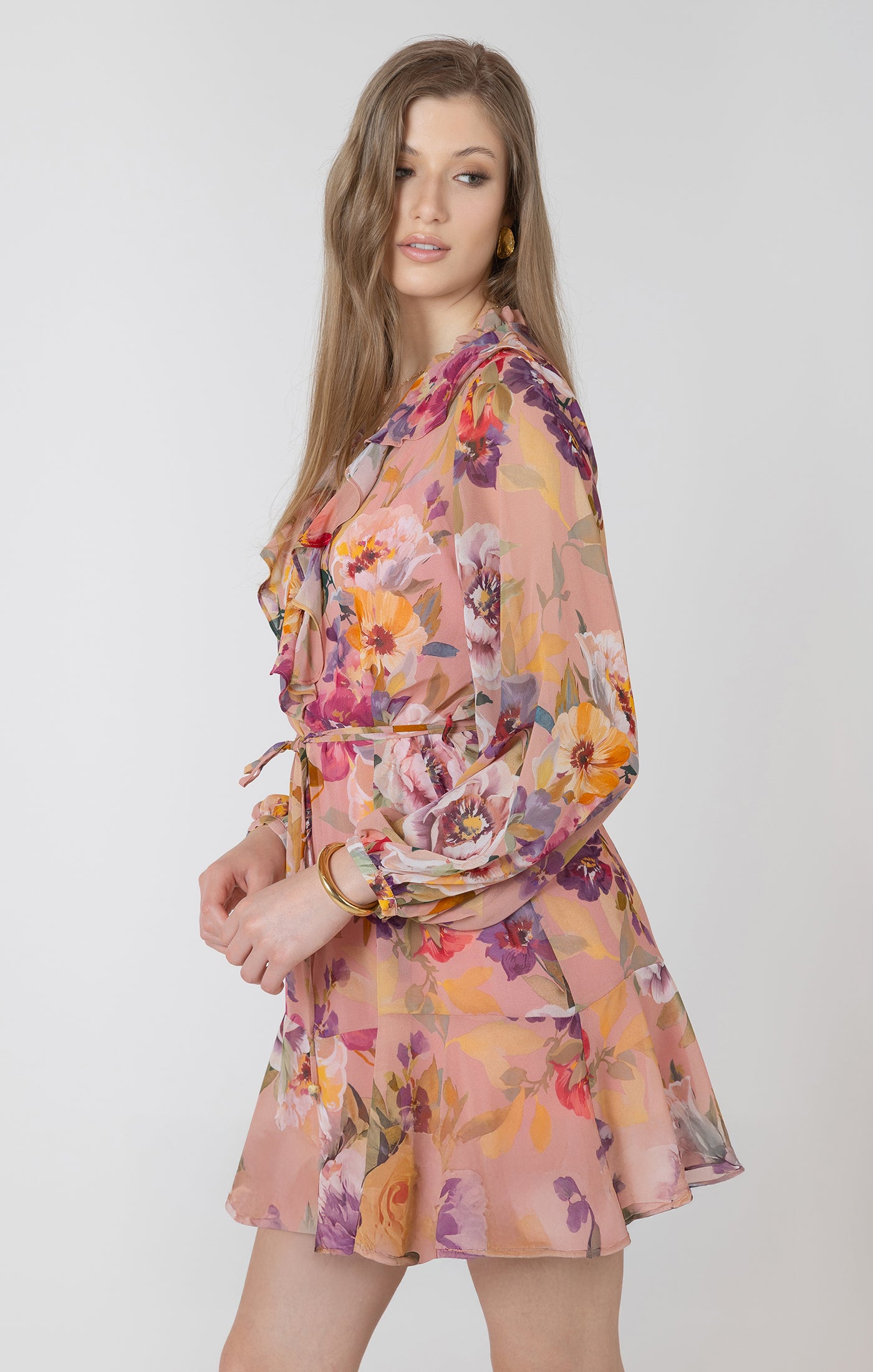 Ruffle Detail Belted Mini Dress