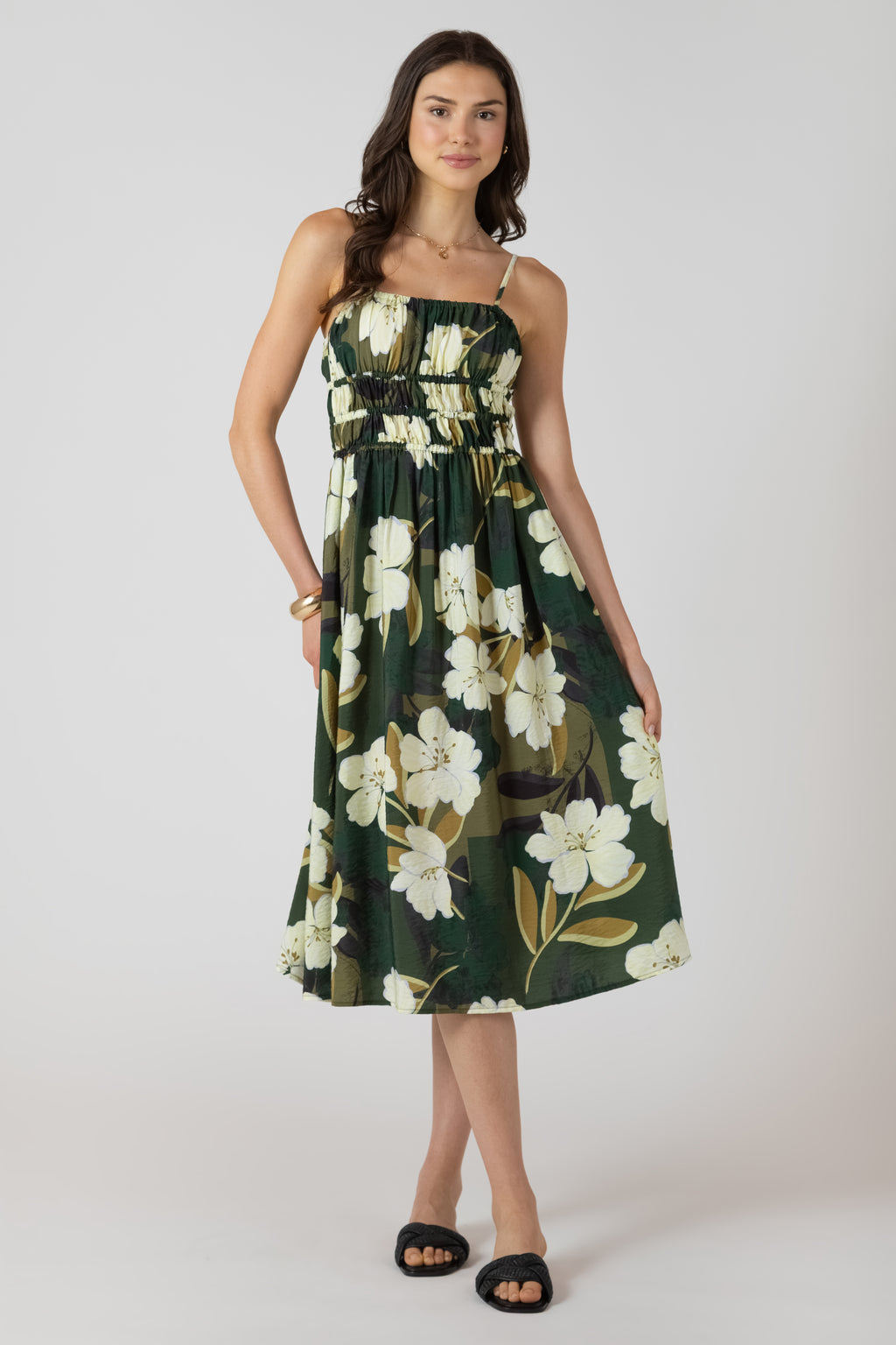 Elastic Waist Floral Midi Dress