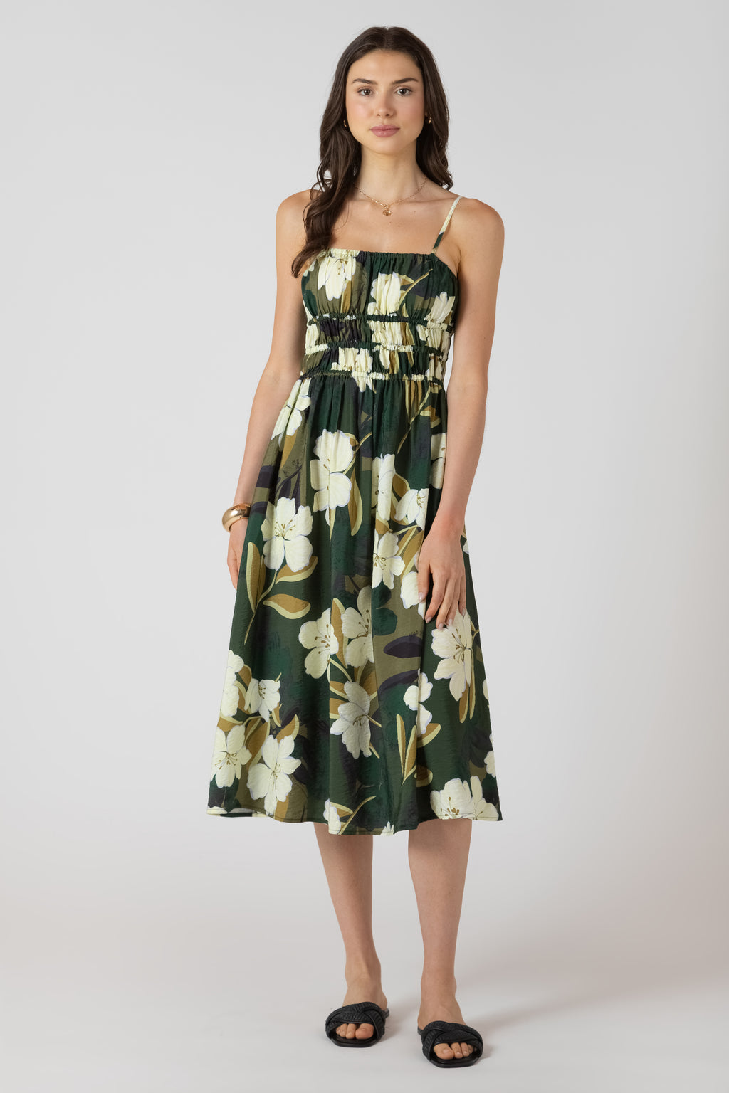 Elastic Waist Floral Midi Dress
