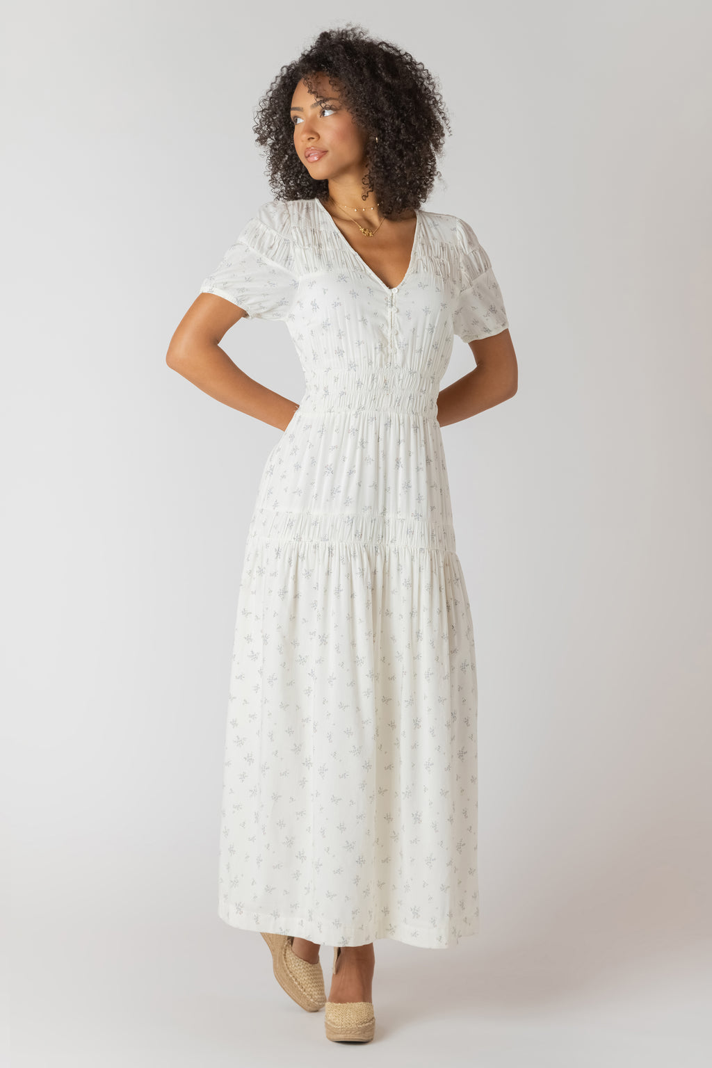Button Smocked Ditsy Floral Maxi Dress