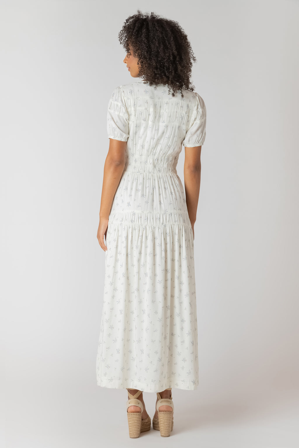 Button Smocked Ditsy Floral Maxi Dress