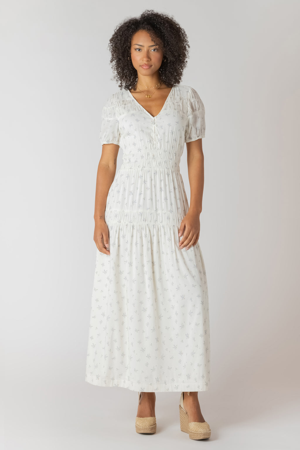 Button Smocked Ditsy Floral Maxi Dress