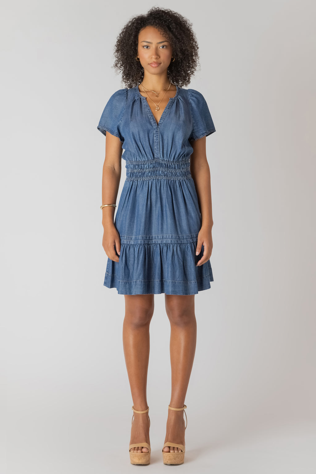 Smocked Waist Tiered Denim Mini Dress