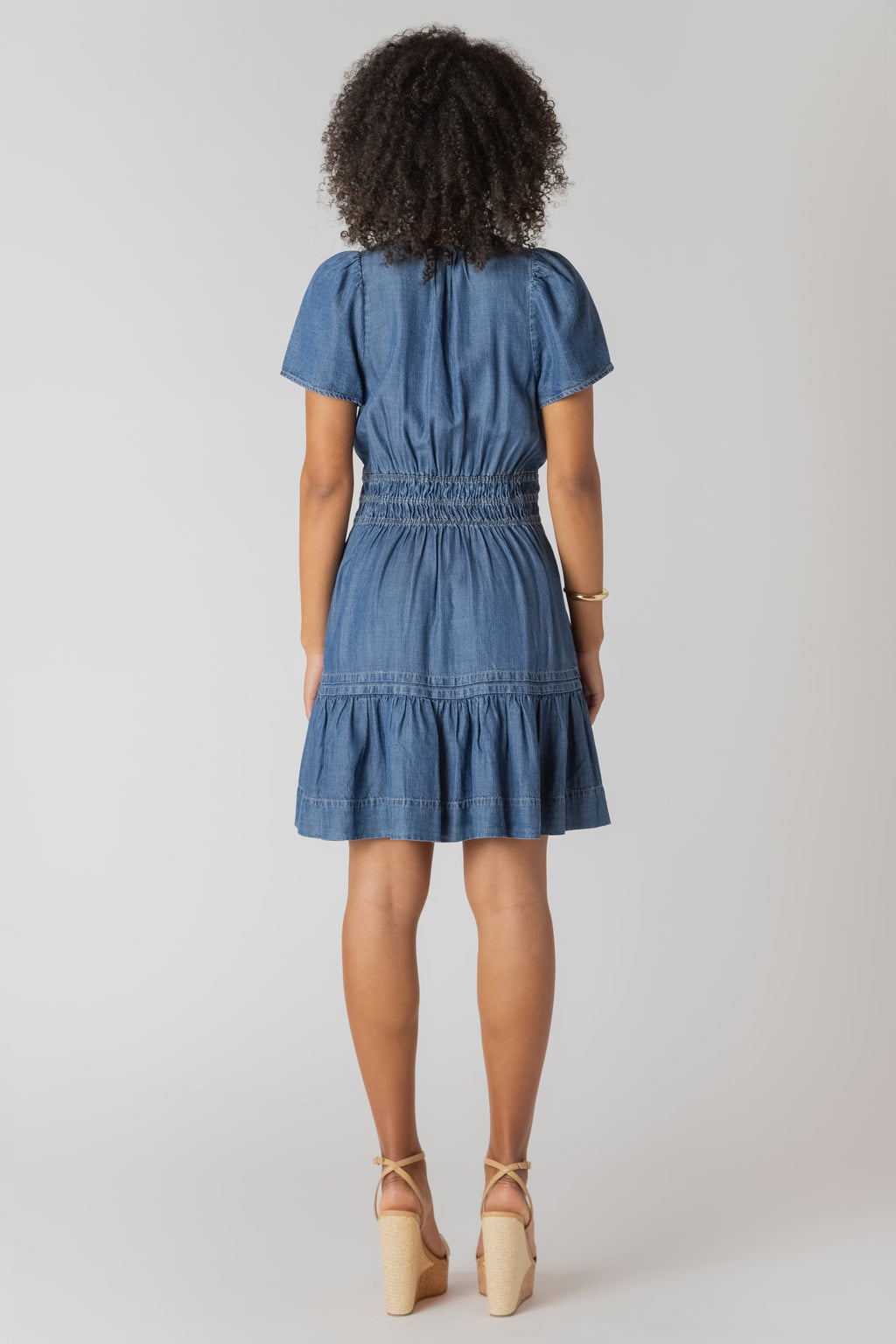 Smocked Waist Tiered Denim Mini Dress