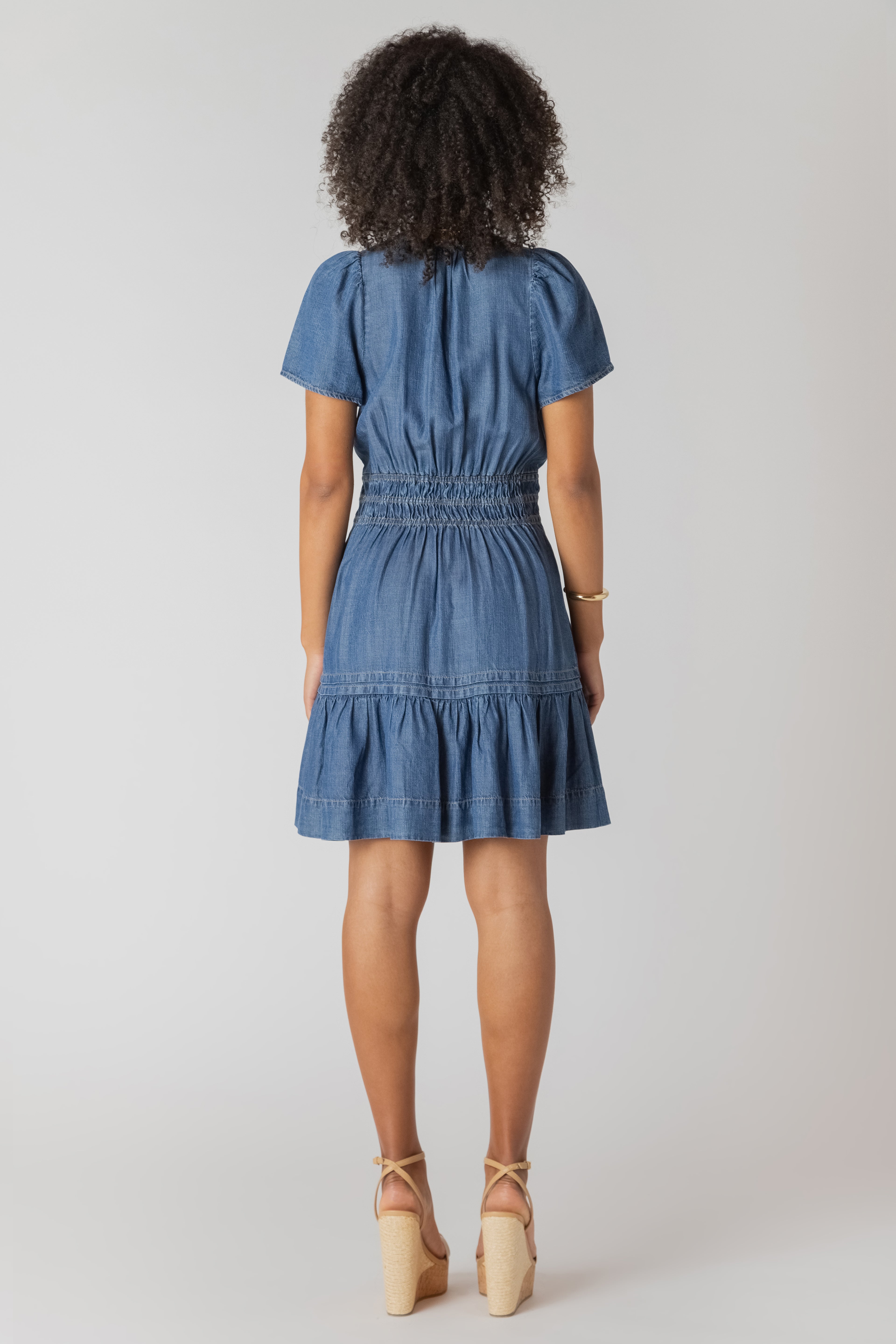 Smocked Waist Tiered Denim Mini Dress