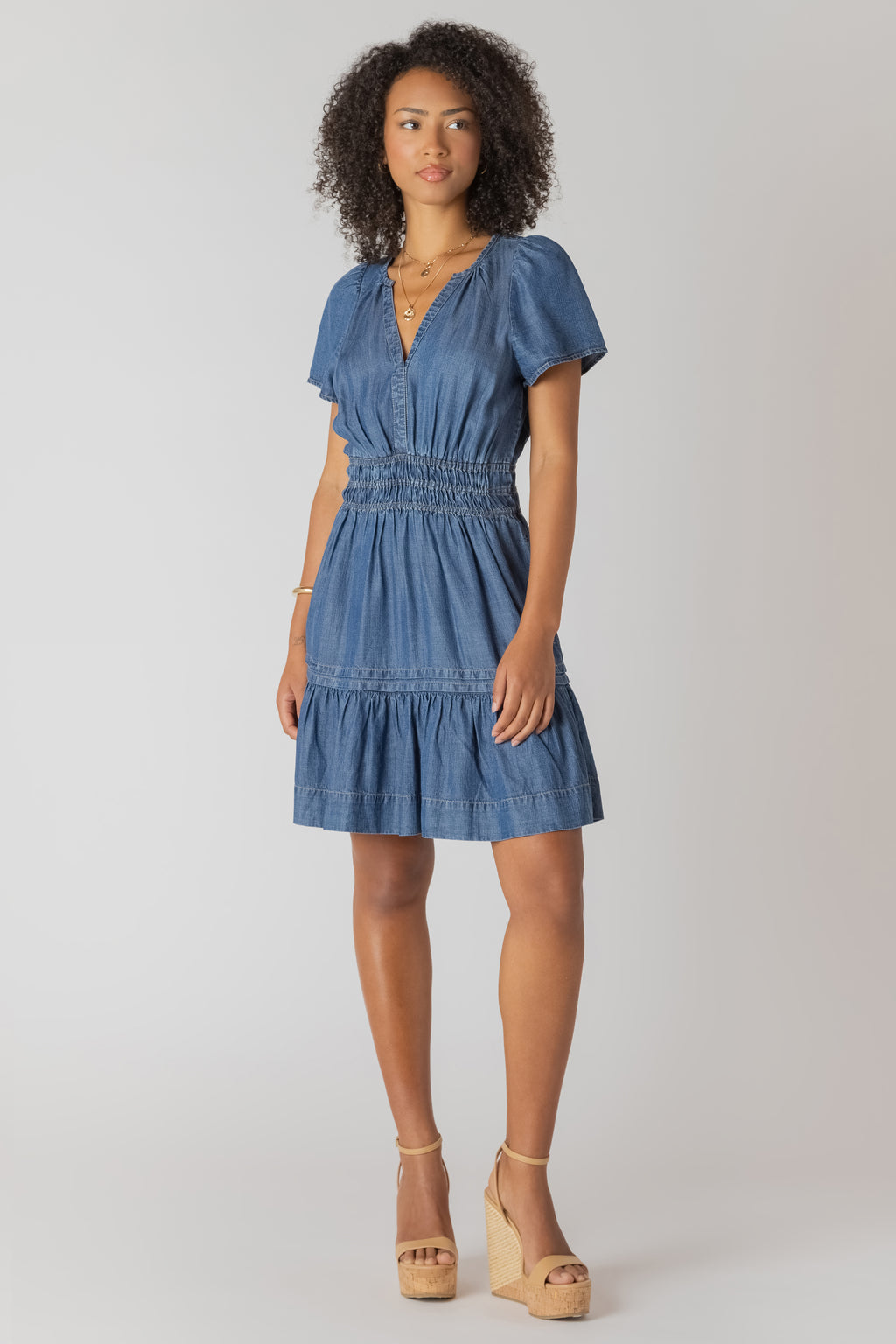Smocked Waist Tiered Denim Mini Dress