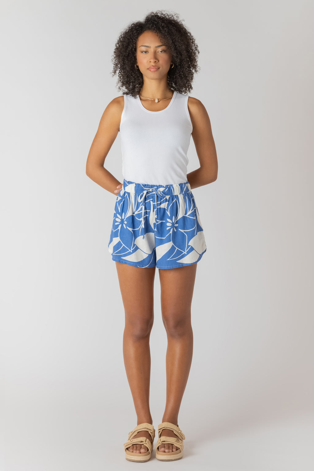 Elastic Waist Printed Linen Shorts