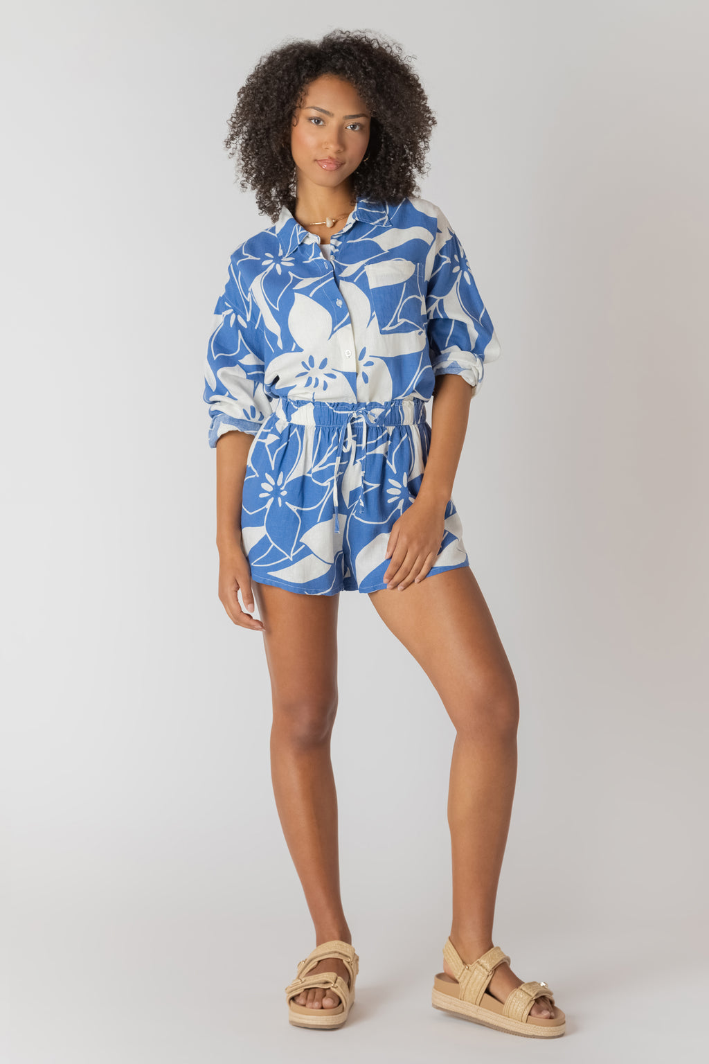 Elastic Waist Printed Linen Shorts
