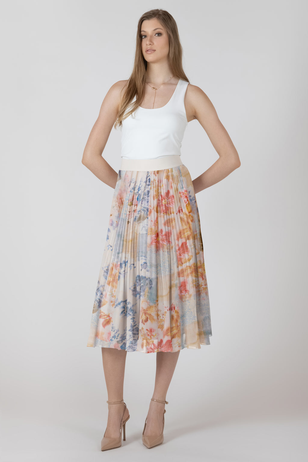 Pleated Floral Midi Skirt