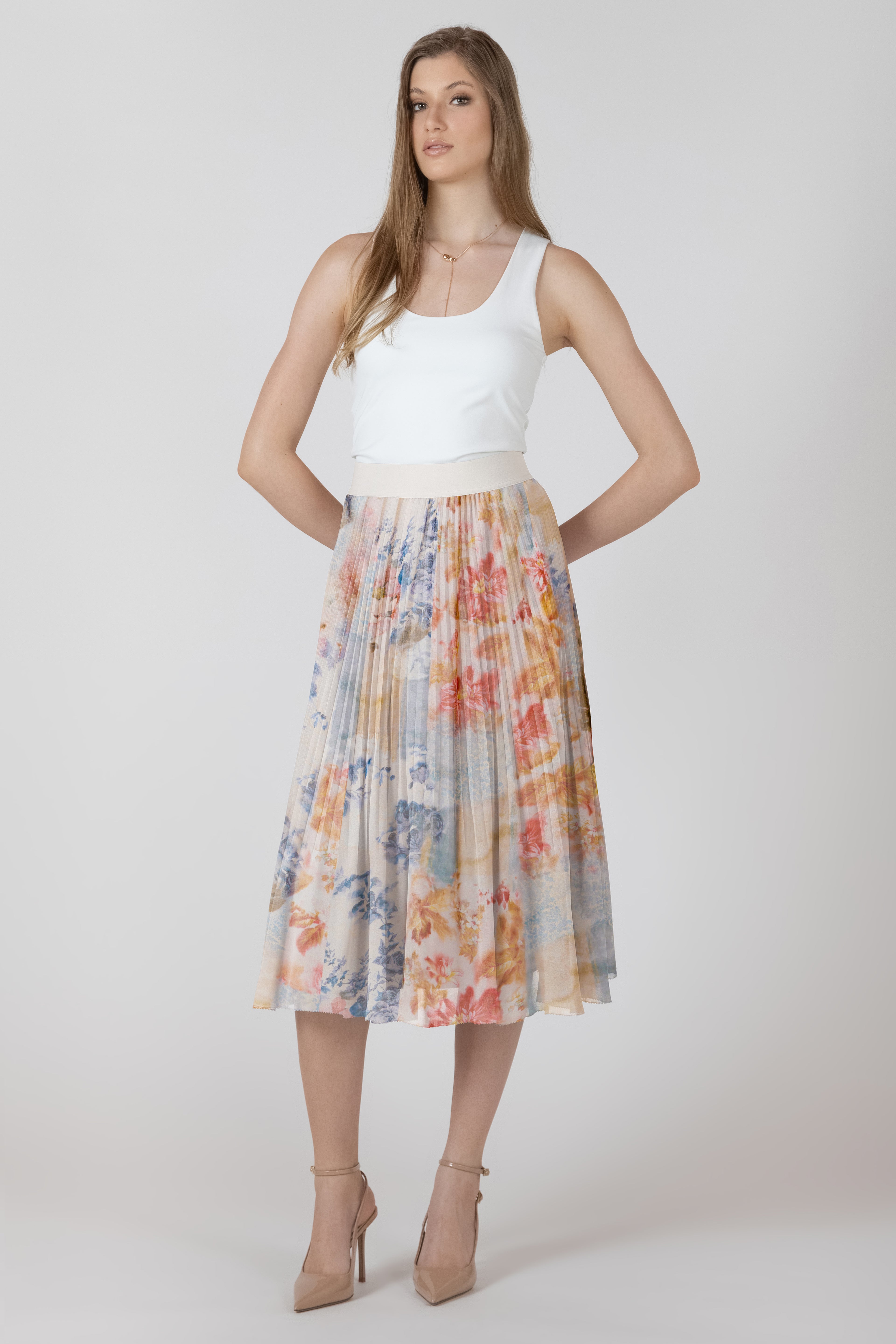 Pleated Floral Midi Skirt