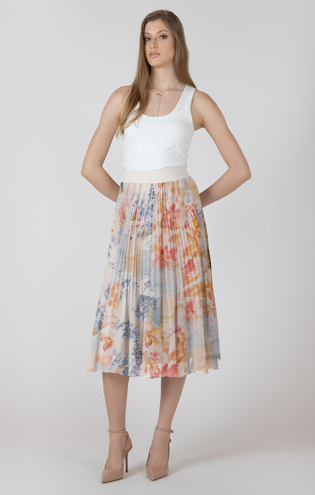 Pleated Floral Midi Skirt
