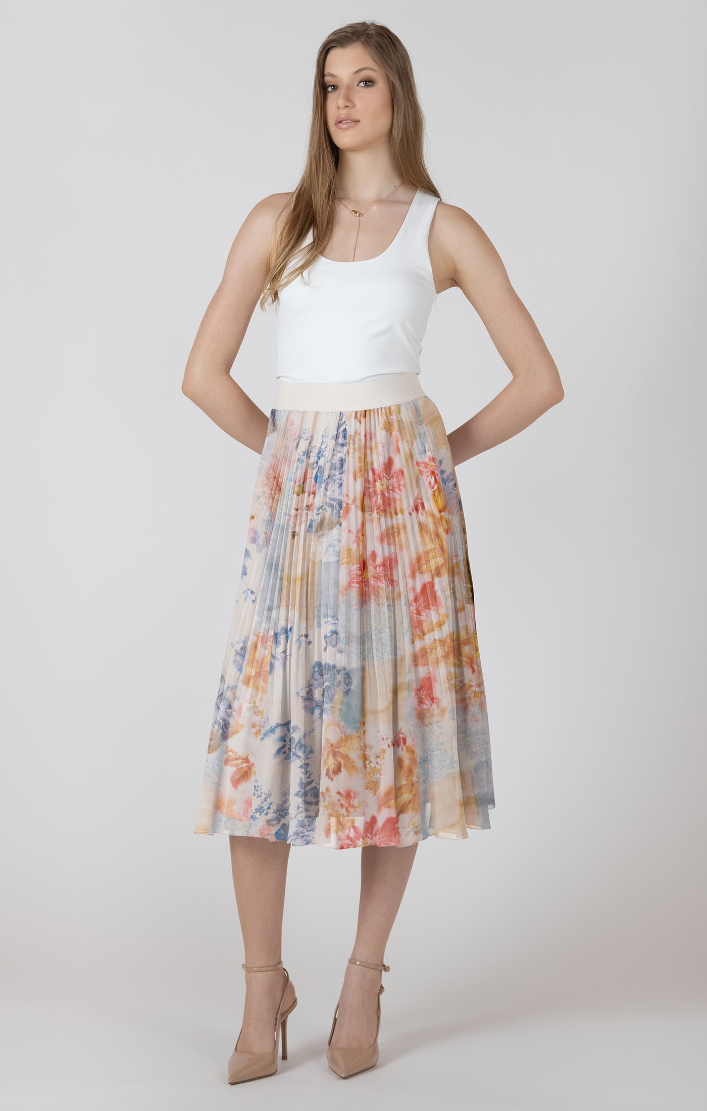 Pleated Floral Midi Skirt
