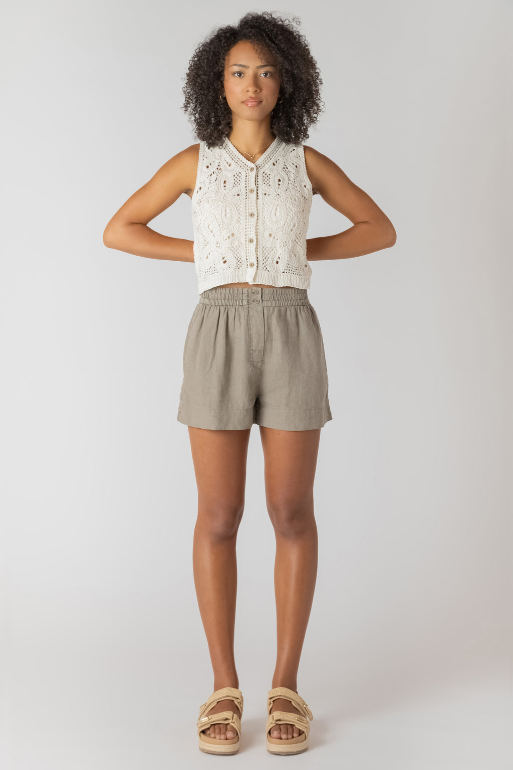 Mid-Rise Elastic Waist Button Detail Shorts