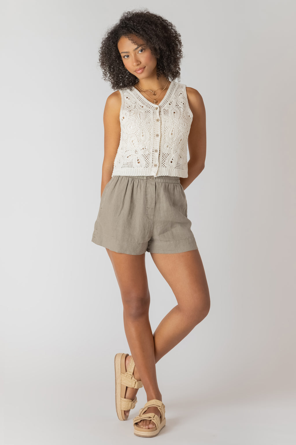 Mid-Rise Elastic Waist Button Detail Shorts