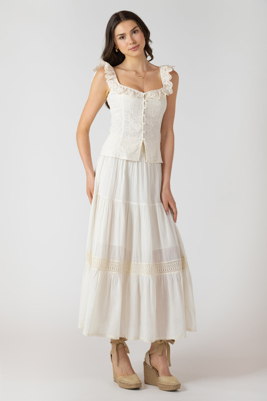 Button Front Ruffle Collar Eyelet Tank