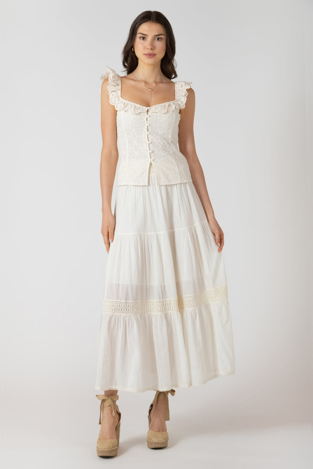 Button Front Ruffle Collar Eyelet Tank