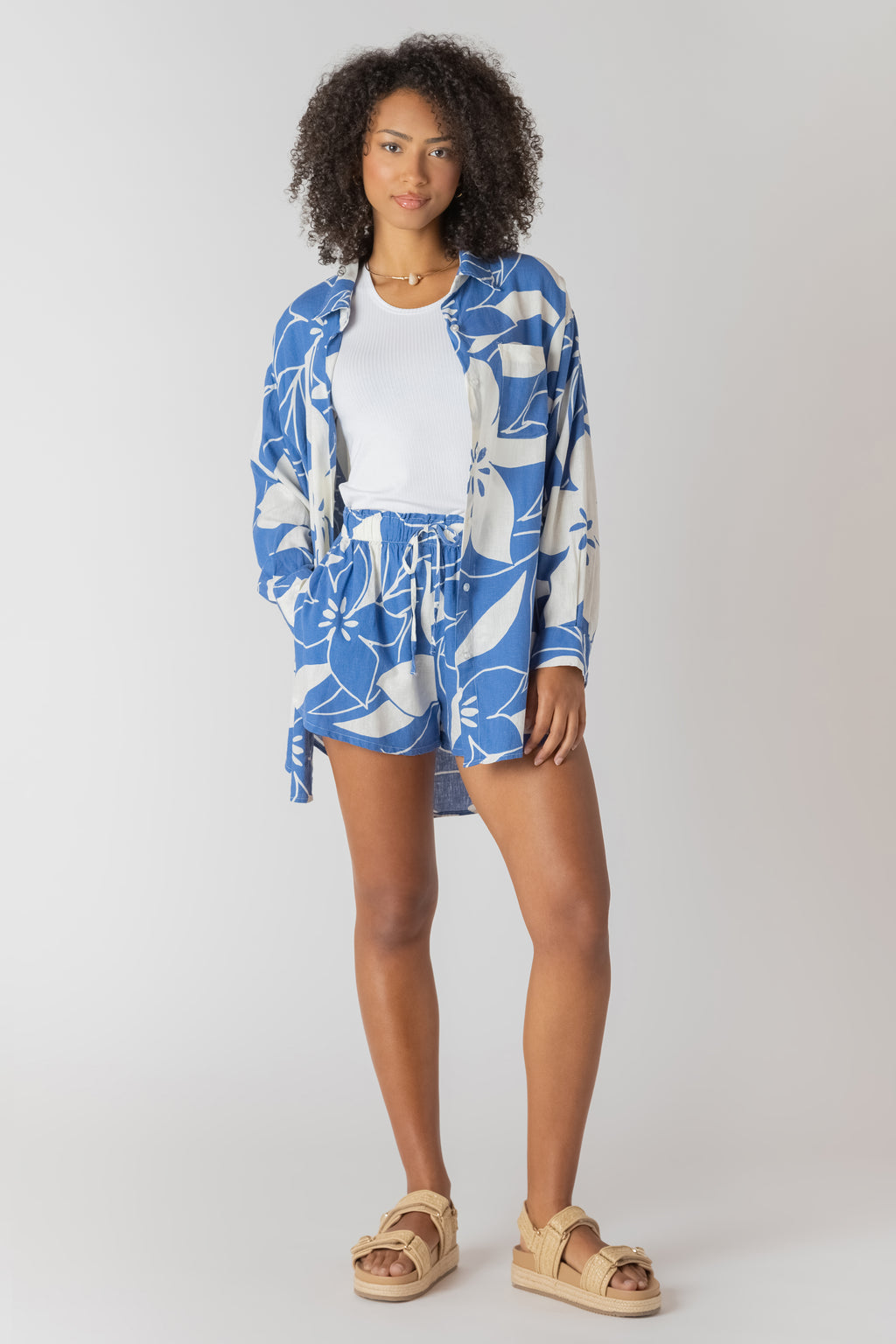 Button Front Bold Print Linen Shirt