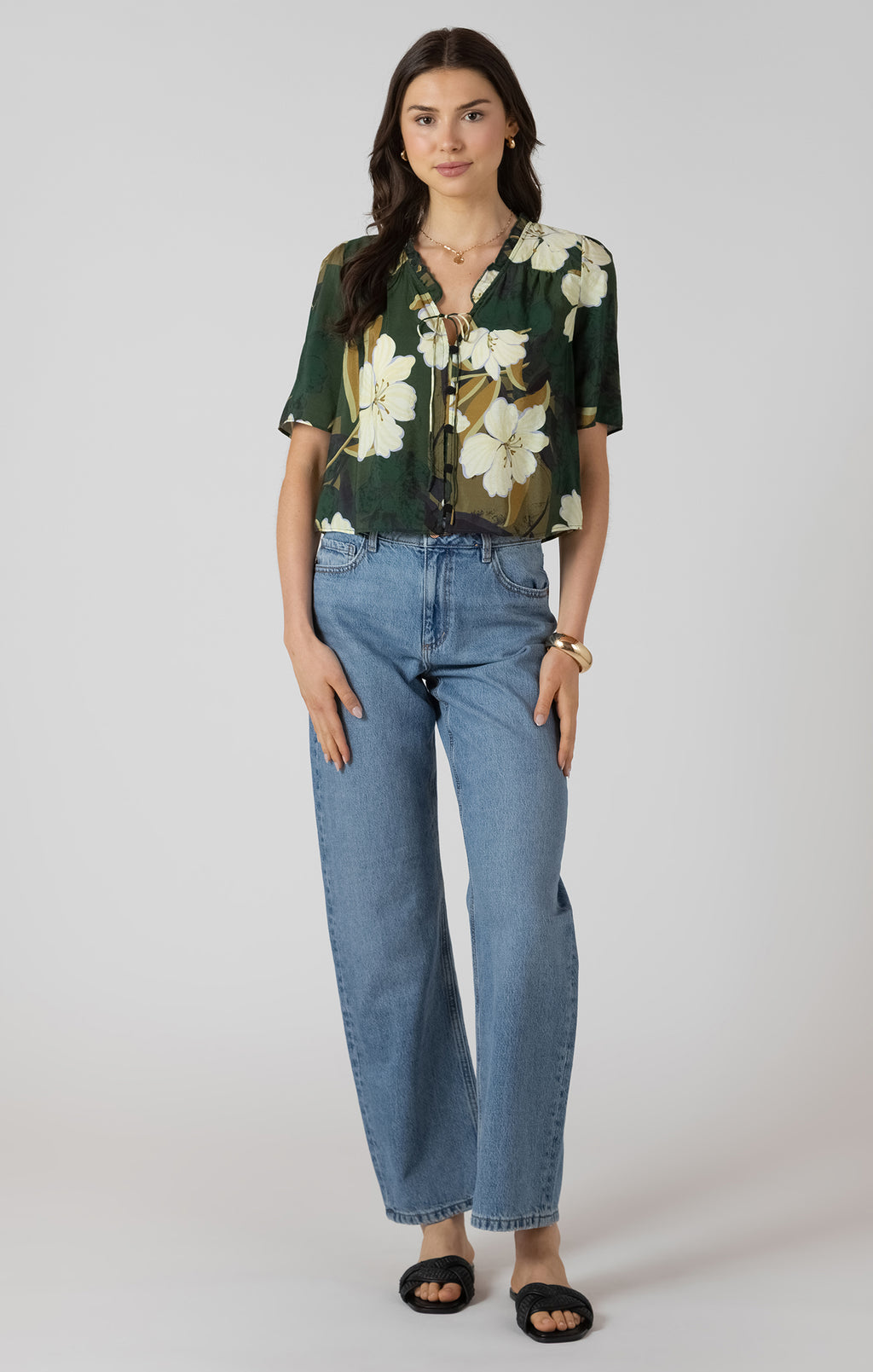 Button Front Ruffle Trim Blouse