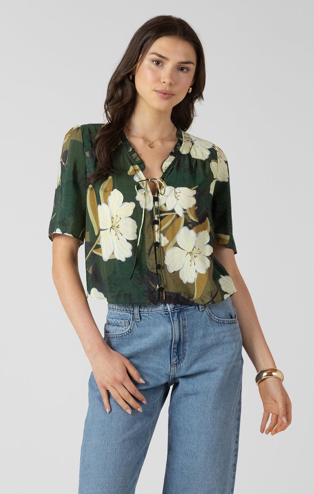 Button Front Ruffle Trim Blouse