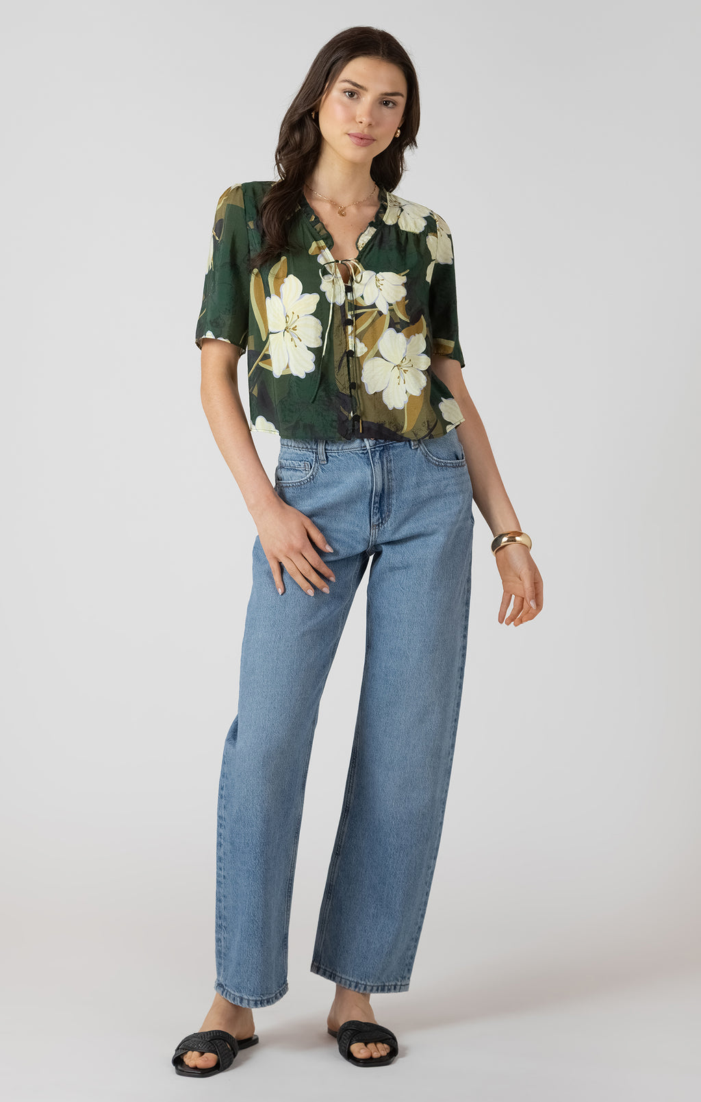 Button Front Ruffle Trim Blouse