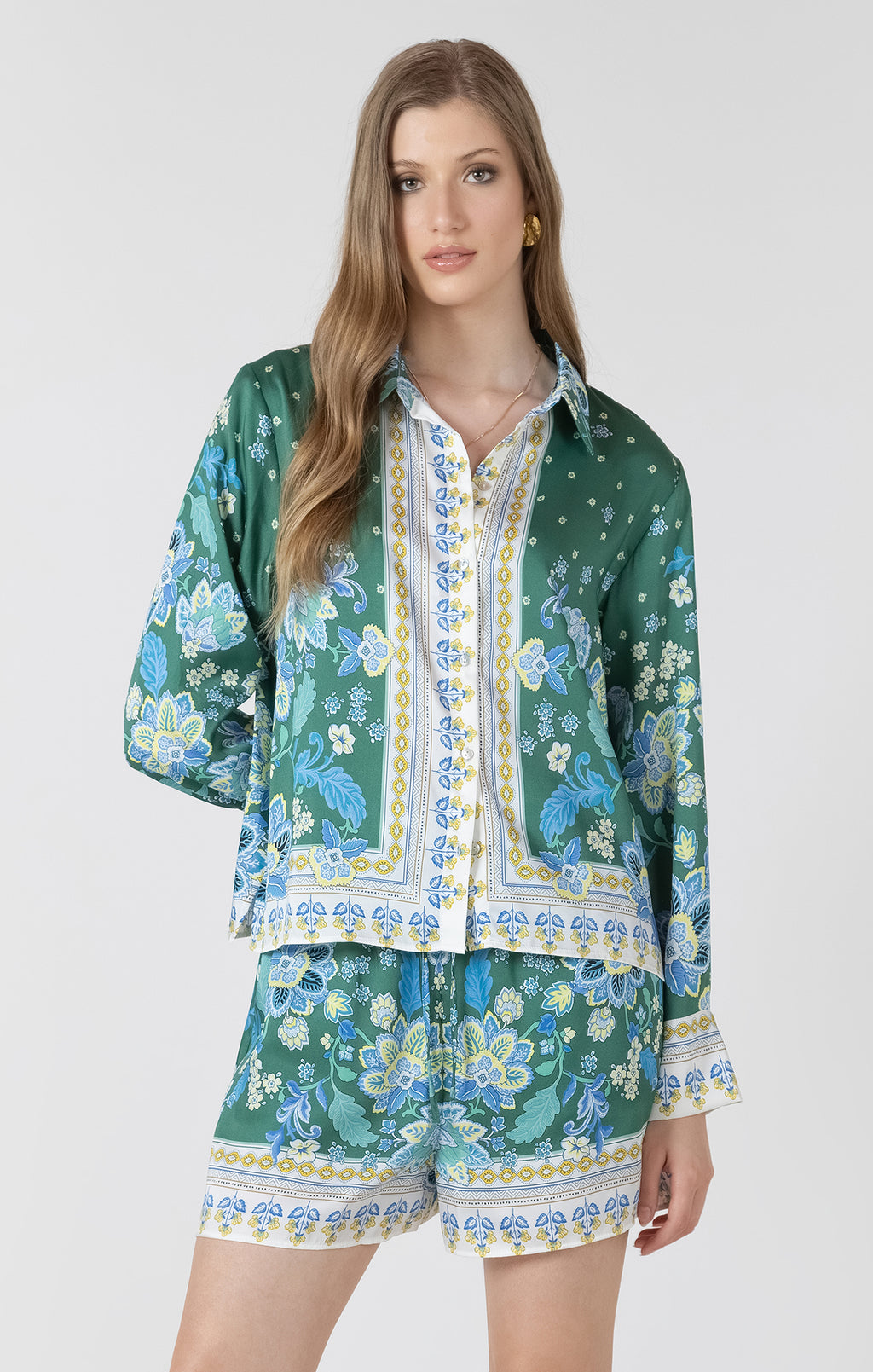 Silky Scarf Print Button Front Blouse