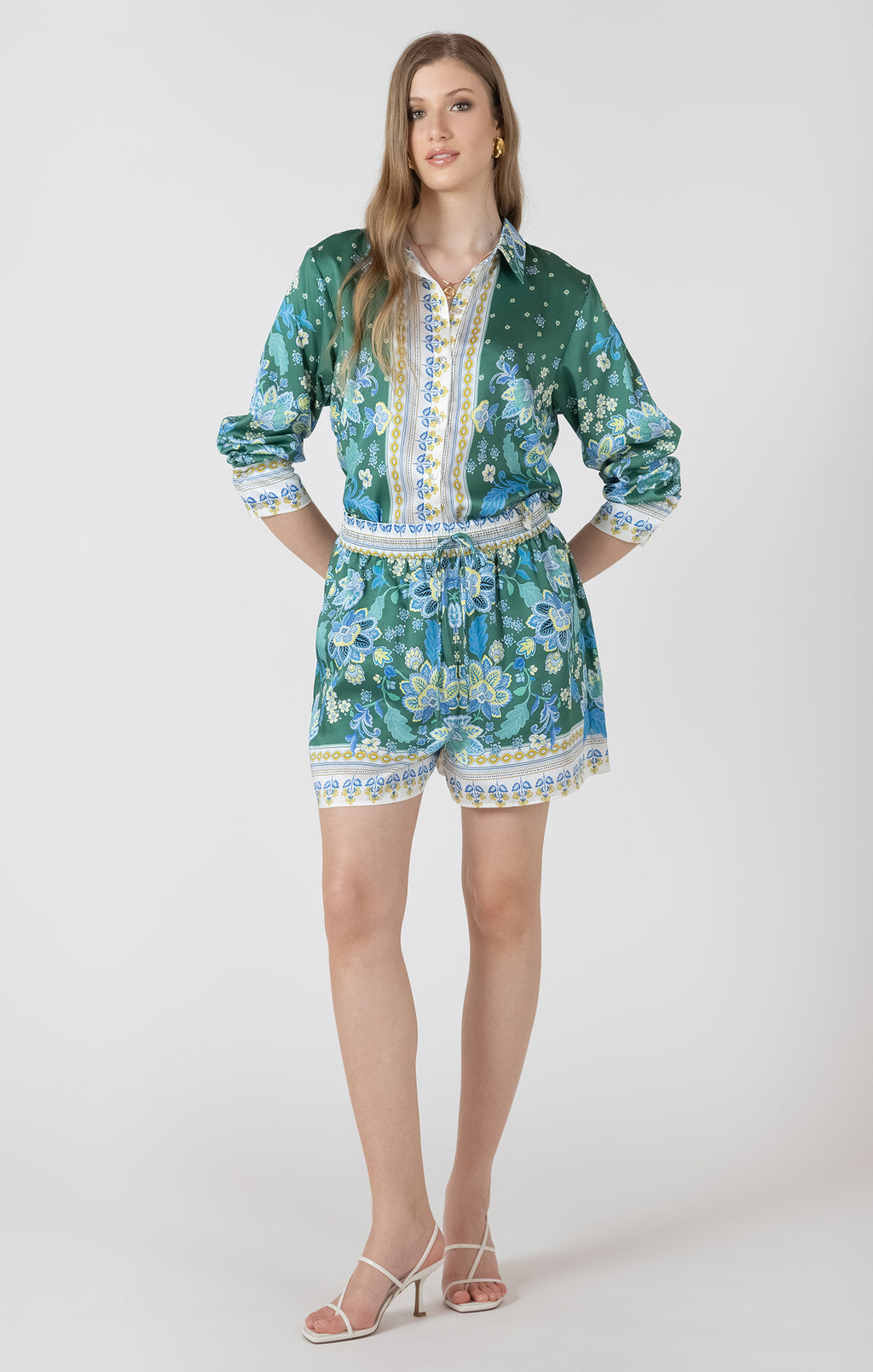 Silky Scarf Print Button Front Blouse