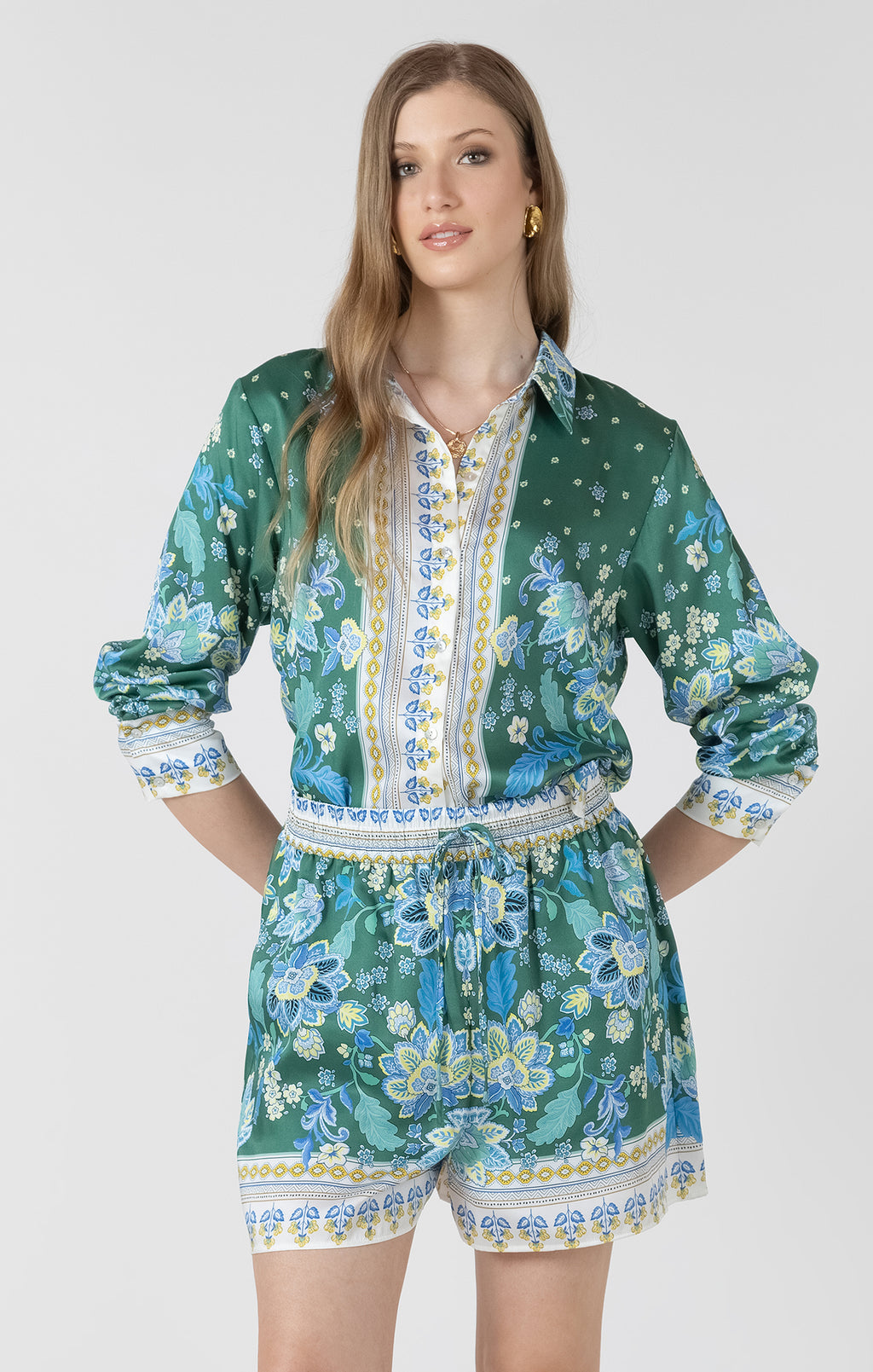 Silky Scarf Print Button Front Blouse