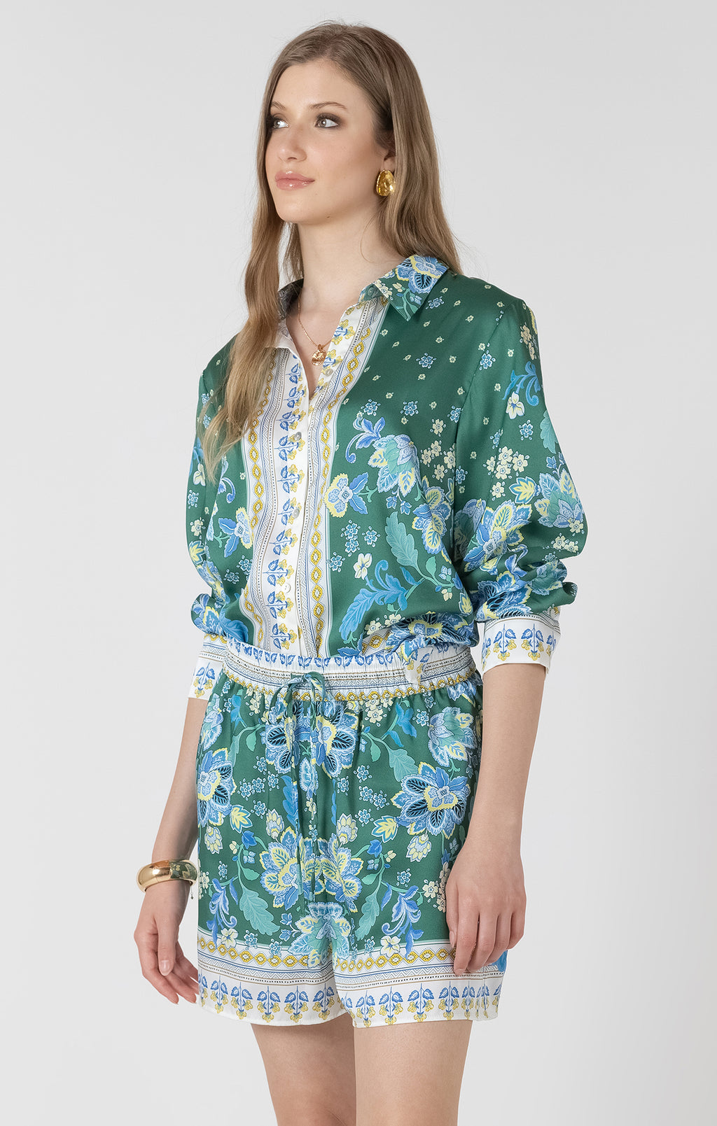 Silky Scarf Print Button Front Blouse