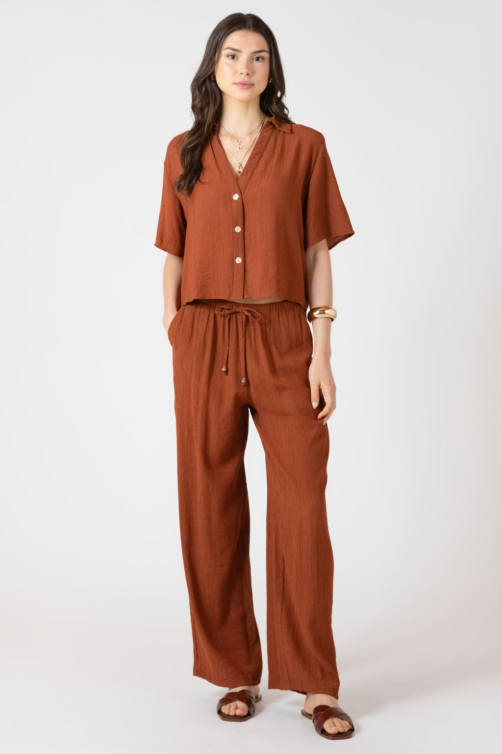 Short Sleeve V-Neck Button-Up Blouse