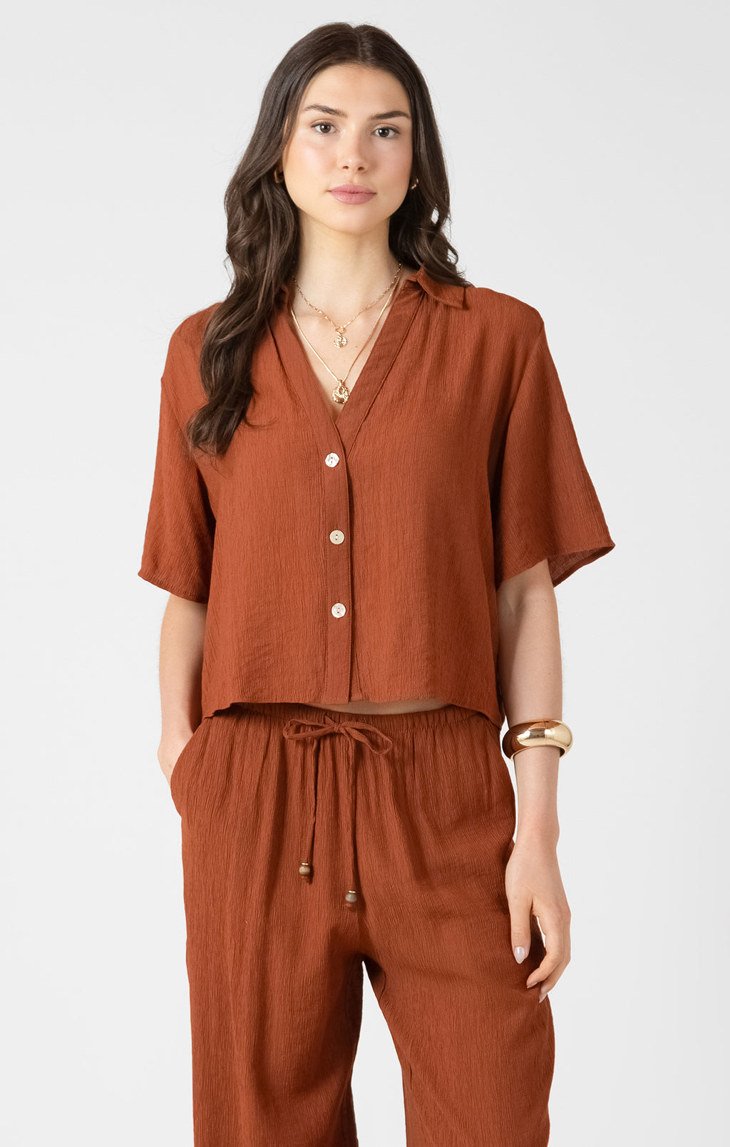 Short Sleeve V-Neck Button-Up Blouse