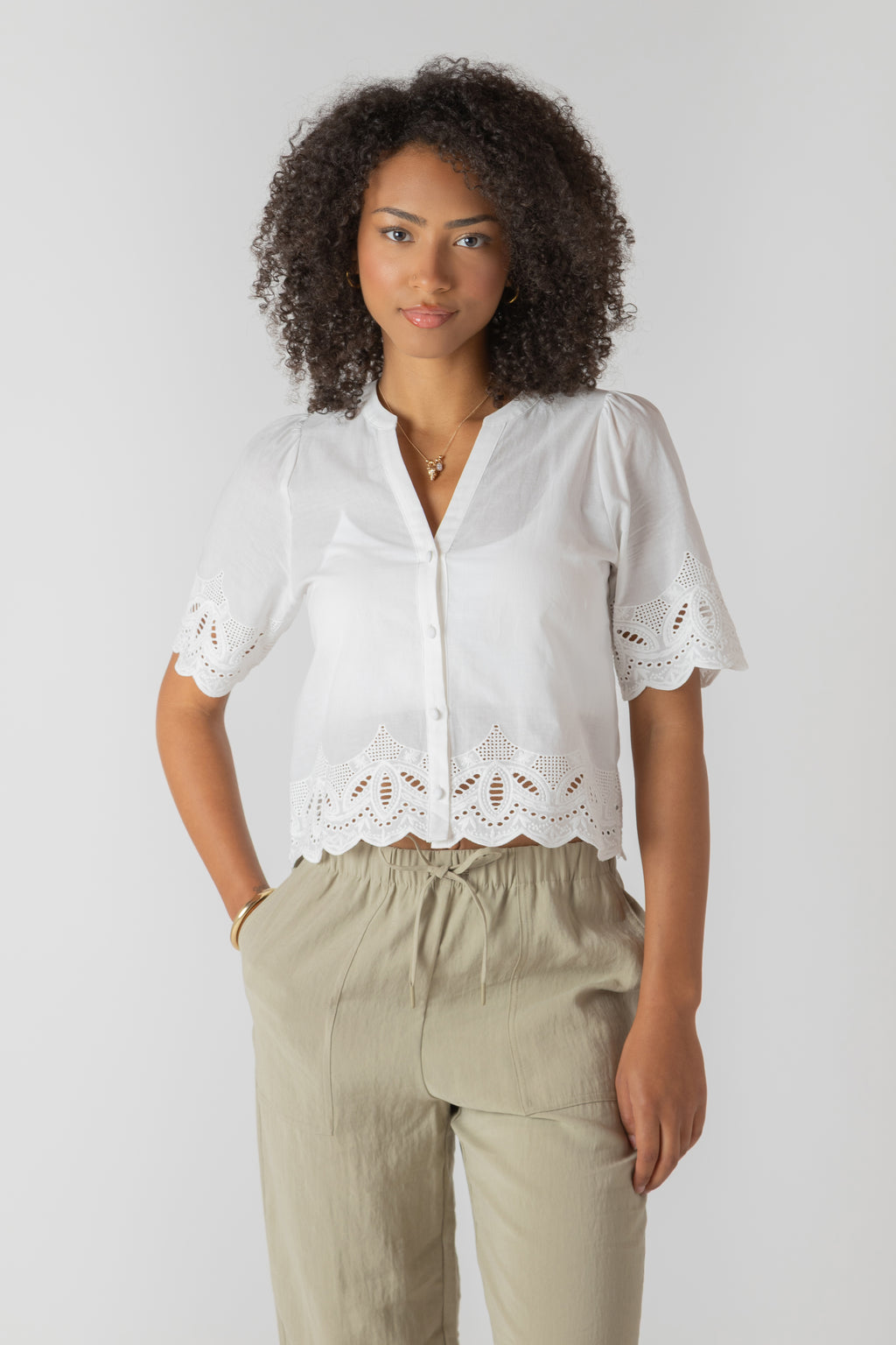 Eyelet Trim Short Sleeve Blouse