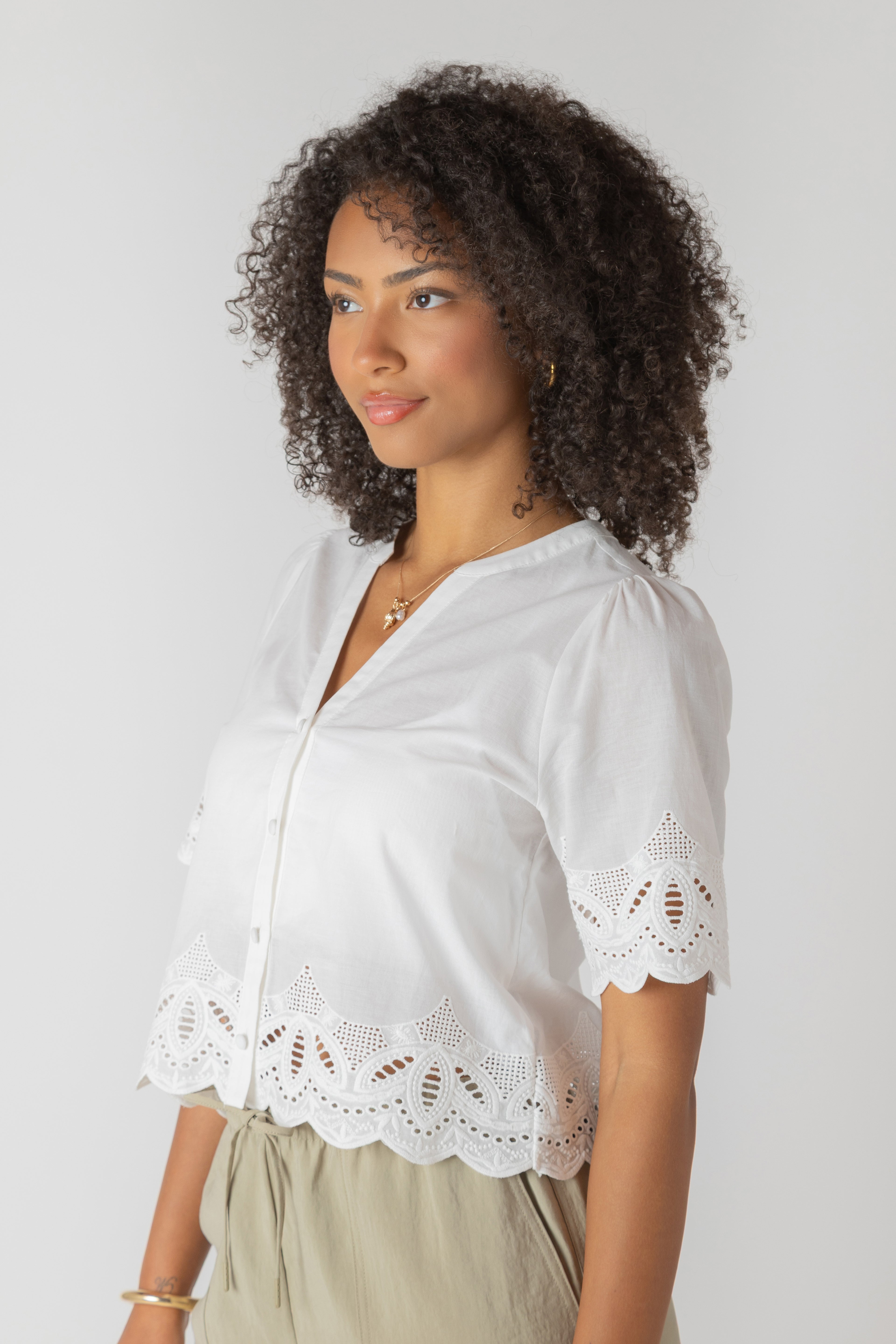 Eyelet Trim Short Sleeve Blouse