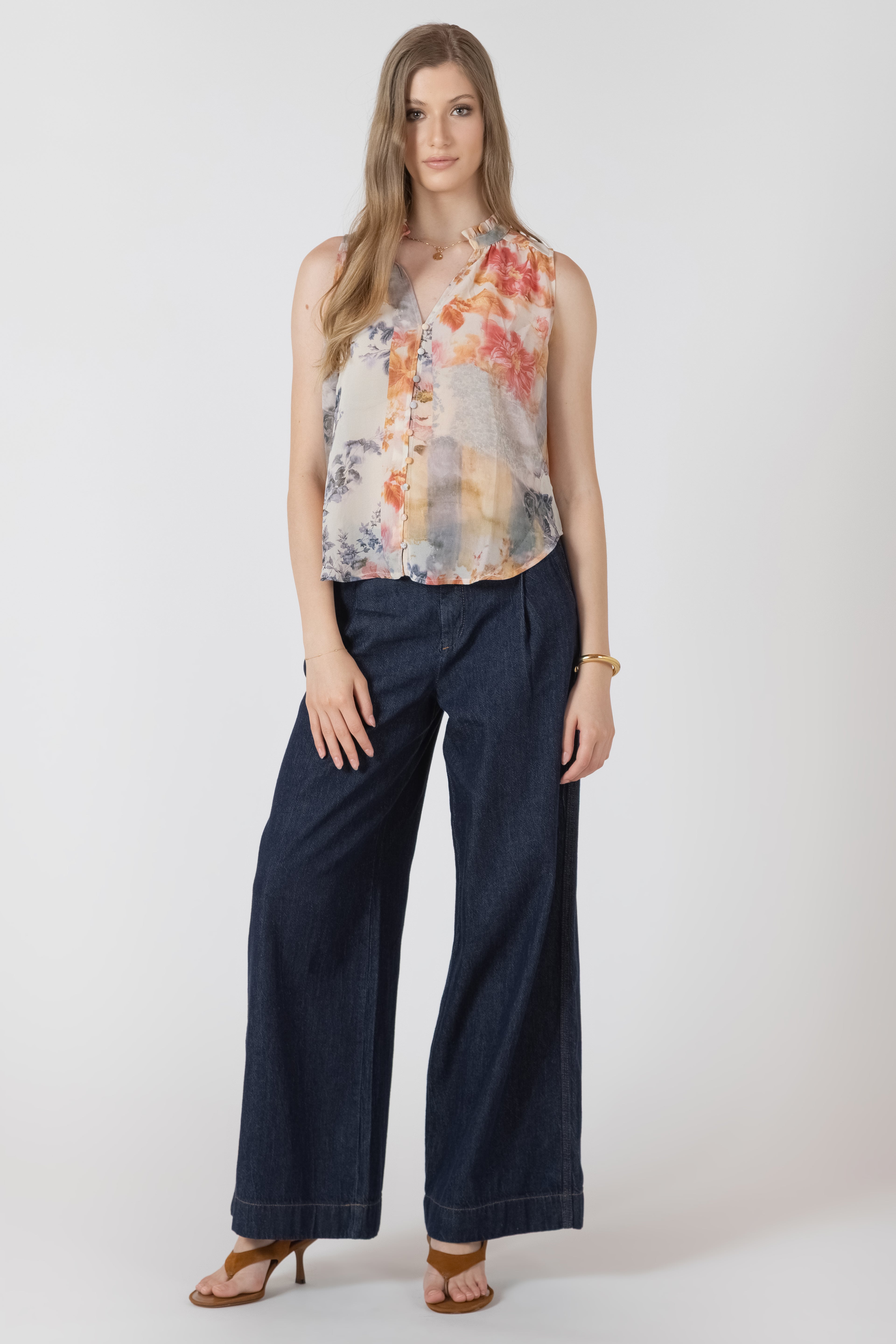 Flowy Button Front Sleeveless Blouse