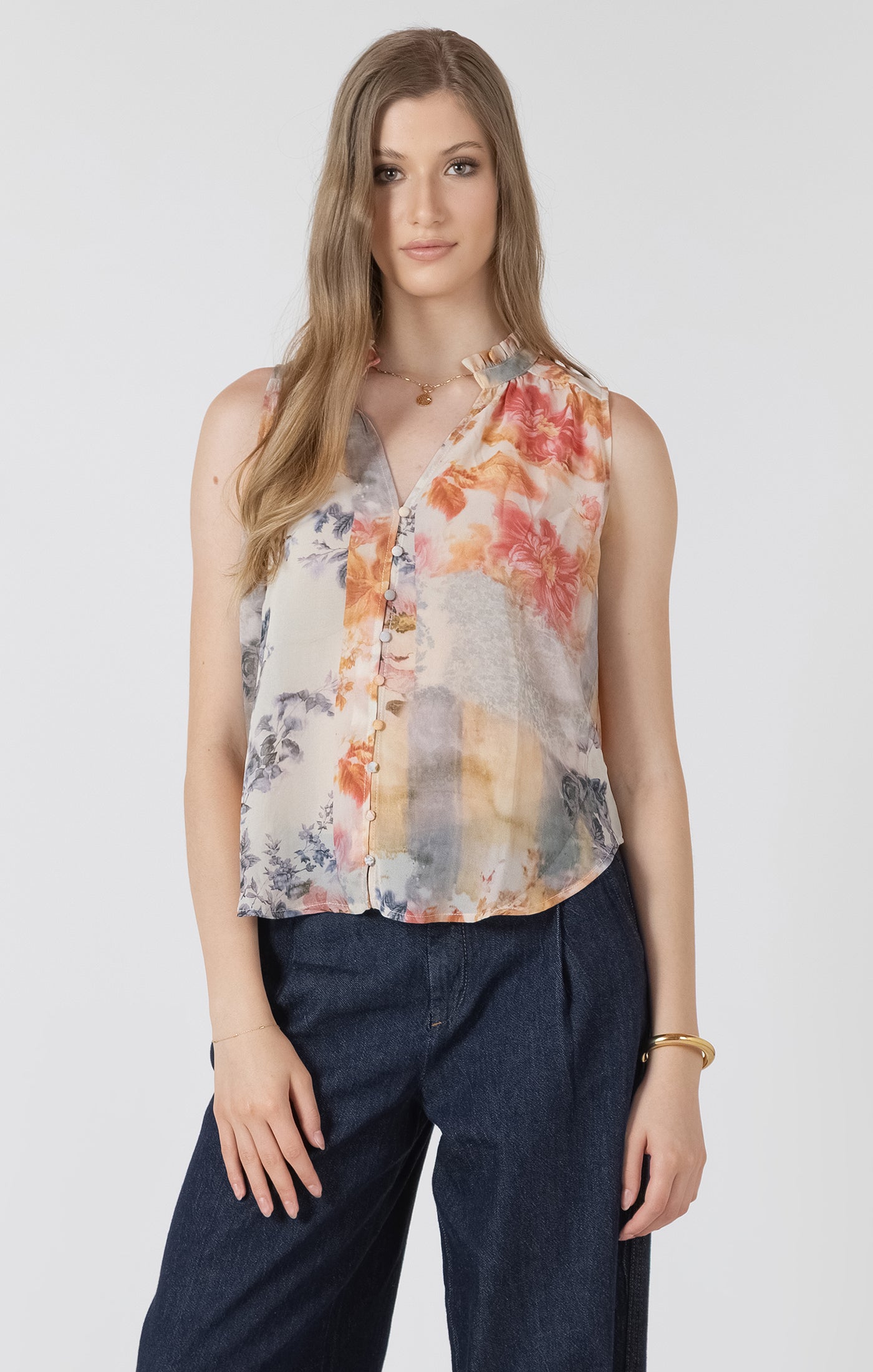 Flowy Button Front Sleeveless Blouse