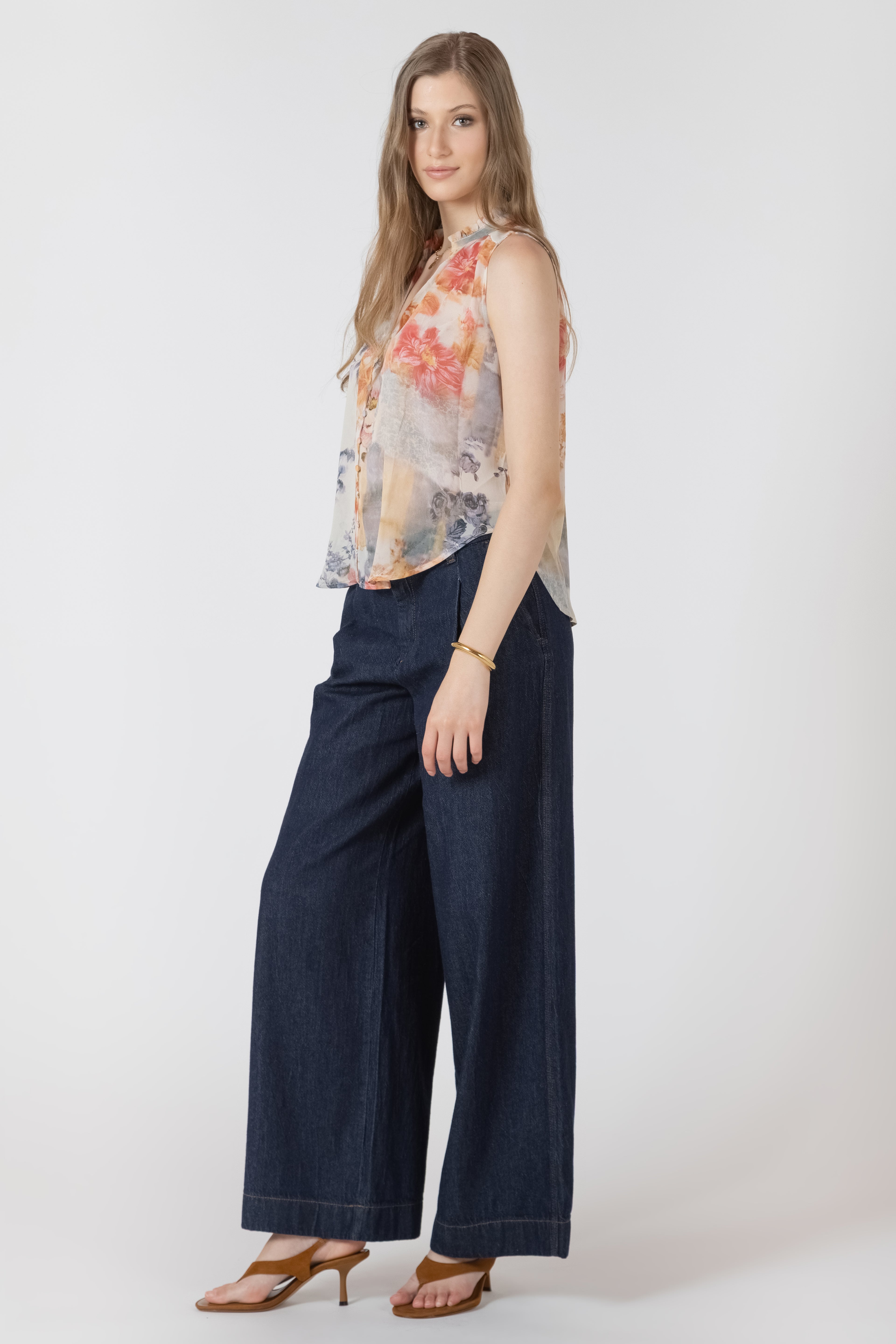 Flowy Button Front Sleeveless Blouse