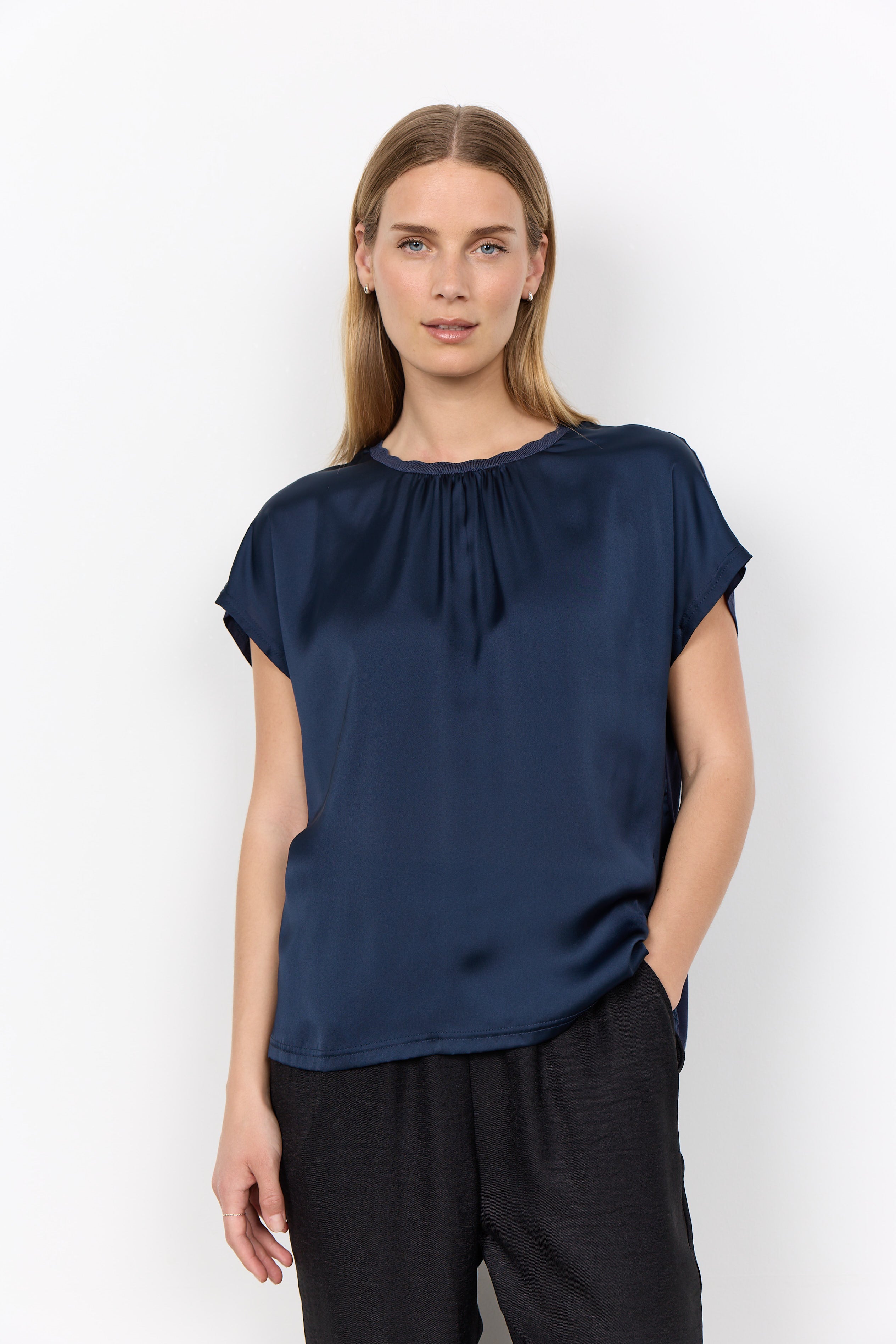 Thilde Silky Gathered Neckline Loose Blouse