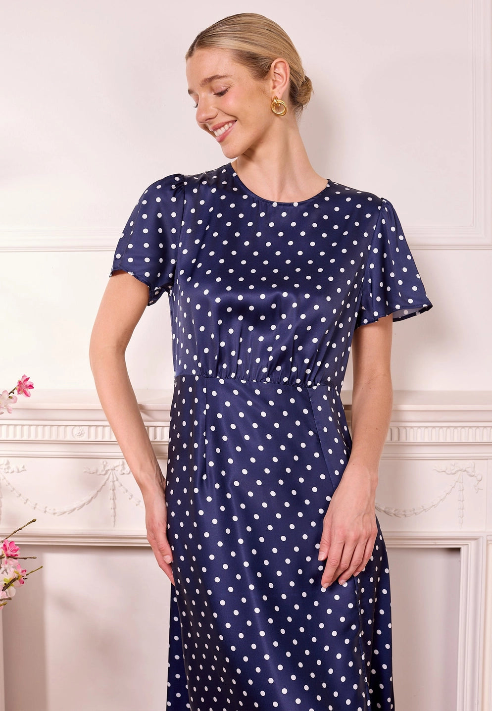 Janzur Satin Polka Dot Midi Dress